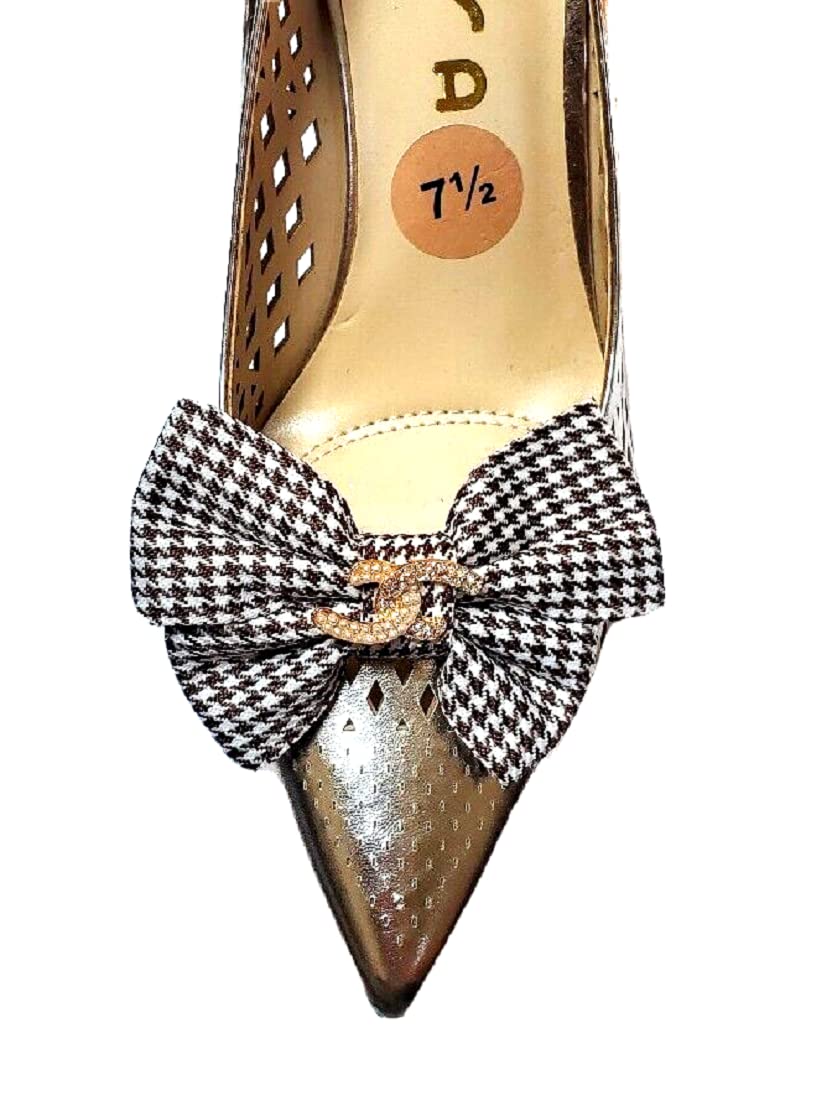 Elegant Brown & White Houndstooth Bow Shoe Clips with Metal Charm - Perfect for Weddings, Parties & Fashion Accessories
