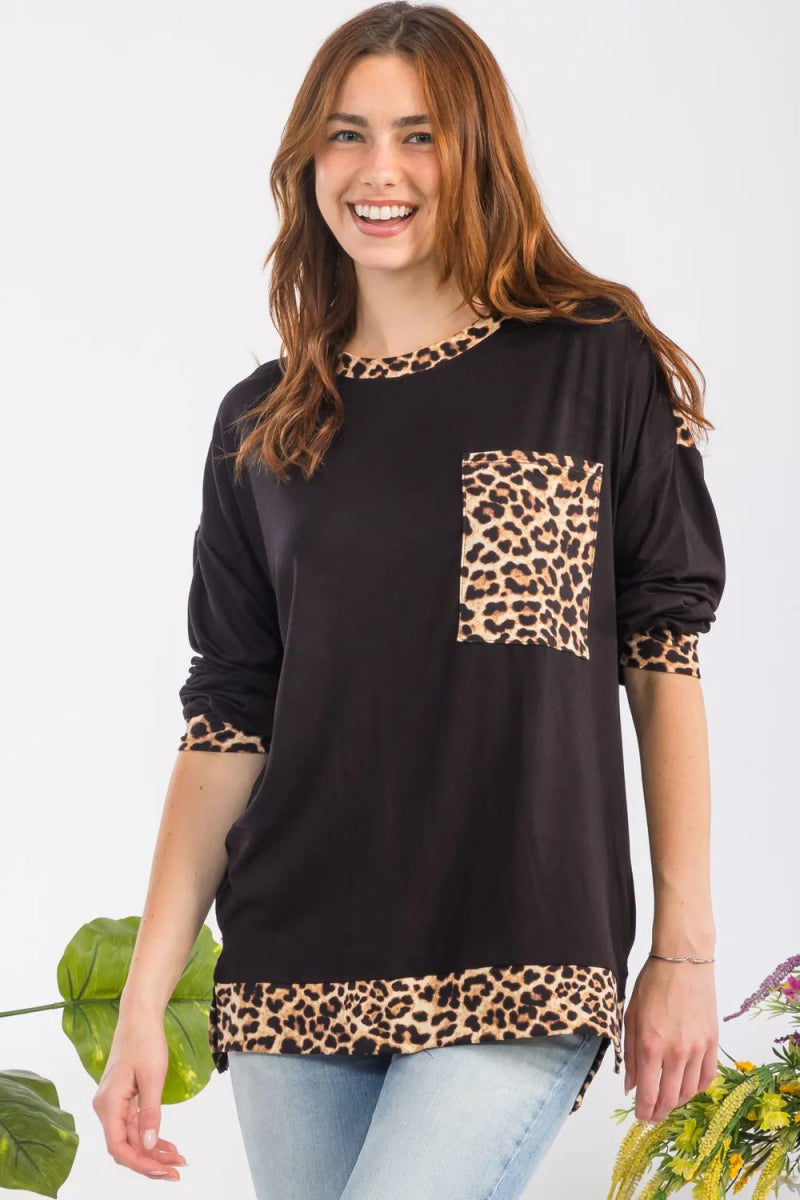 Celeste Women's Full Size Leopard Print Round Neck Dropped Shoulder T-Shirt - Casual Loose Fit Tee for Everyday Wear, Street Style & Weekend Outings