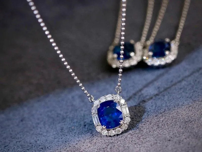 18K White Gold Natural Blue Sapphire Pendant Necklace - Shiny Gemstone Luxury Diamond Jewelry for Women - Perfect for Senior Banquet, Wedding & Special Occasions