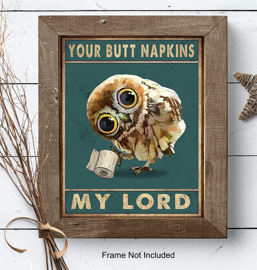 Funny Owl Wall Decor & Butt Napkins - Unique Bathroom Wall Art for Powder Room & Guest Bath - Cute Restroom Sign & Decor for Women - Perfect for Home, Office, or Gift
