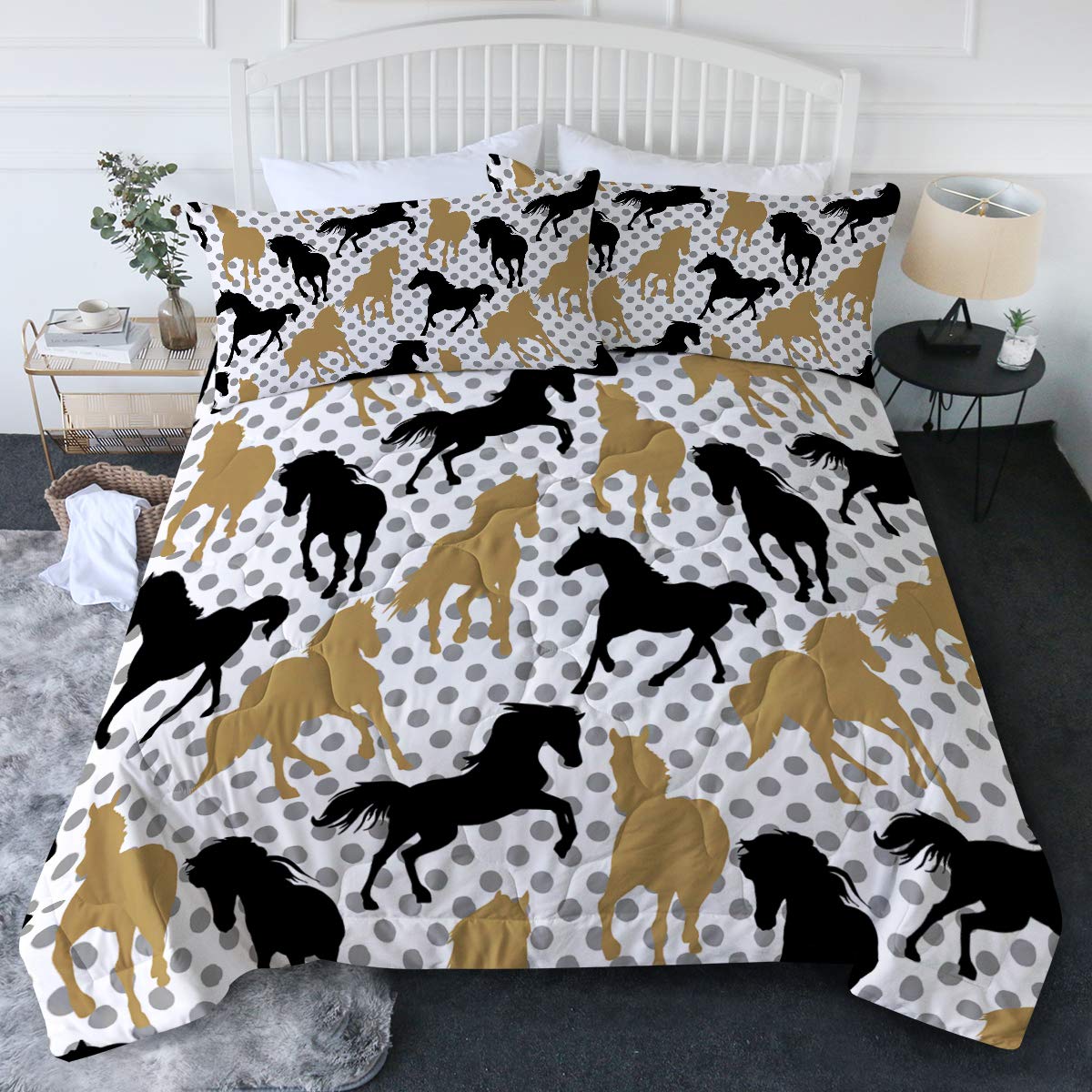 BlessLiving King Size Horses Comforter Set - Stylish Black & Gold Horse Silhouette on Grey Polka Dots, 3-Piece Bedding (1 Comforter + 2 Shams) for Western, Ranch or Equestrian Themed Bedrooms
