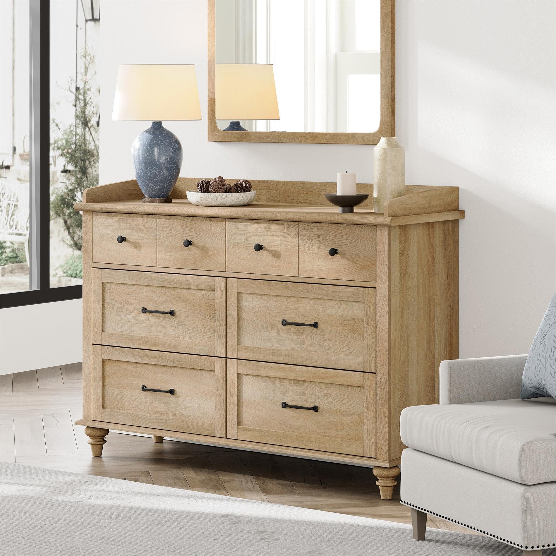 WAMPAT 6-Drawer Farmhouse Dresser for Bedroom & Nursery - Light Oak Wood Chest of Drawers for Kids Room, Living Room TV Stand, Baby Closet Storage Organizer - Perfect for Hallway, Nursery & Home Organization