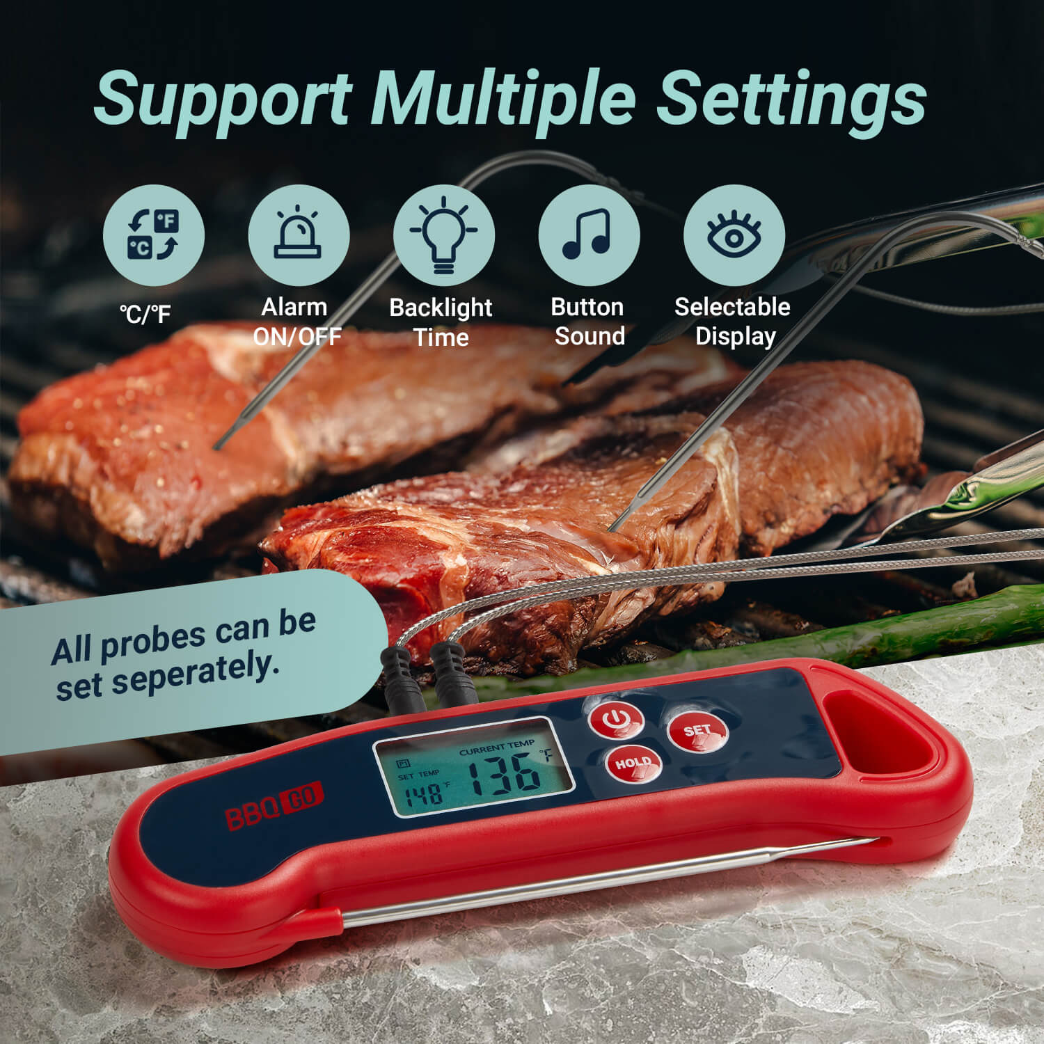 Instant Read Meat Thermometer for Cooking, Grilling & BBQ - Fast & Accurate Digital Food Thermometer with Backlit LCD Display - Perfect for Kitchen, Baking, and Outdoor Cooking