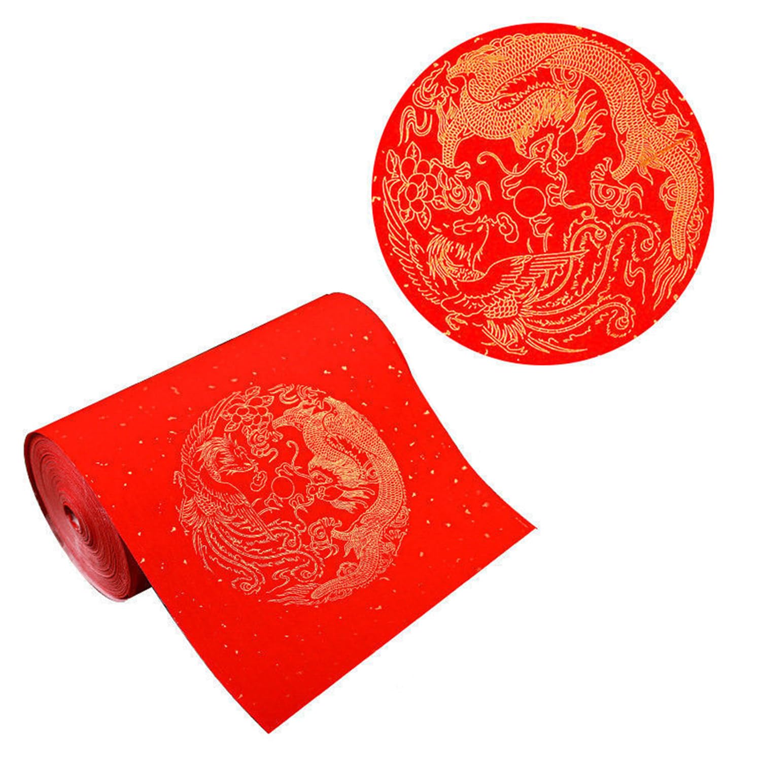 Premium Red Chinese Calligraphy Paper Roll - 6.7x65.6 Inch Xuan Rice Paper for Couplets, Chunlian & Duilian (Dragon Phoenix Design) - Traditional Chinese New Year Decoration, Wedding & Festival Art Supplies
