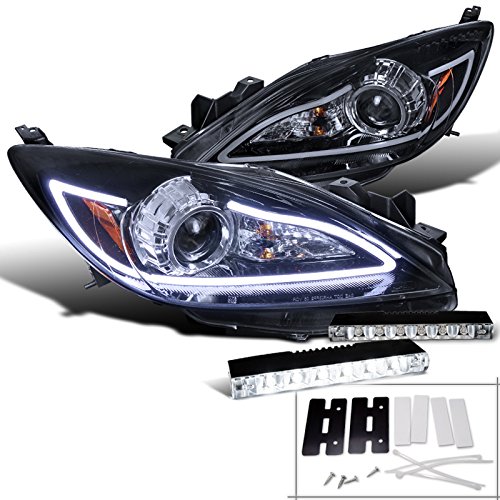 Spec-D Tuning Glossy Black Smoke Projector Headlights + 6-LED Fog Lamp Kit for Mazda 3 - Halogen Replacement with Improved Visibility - Perfect for Night Driving & Custom Car Upgrades