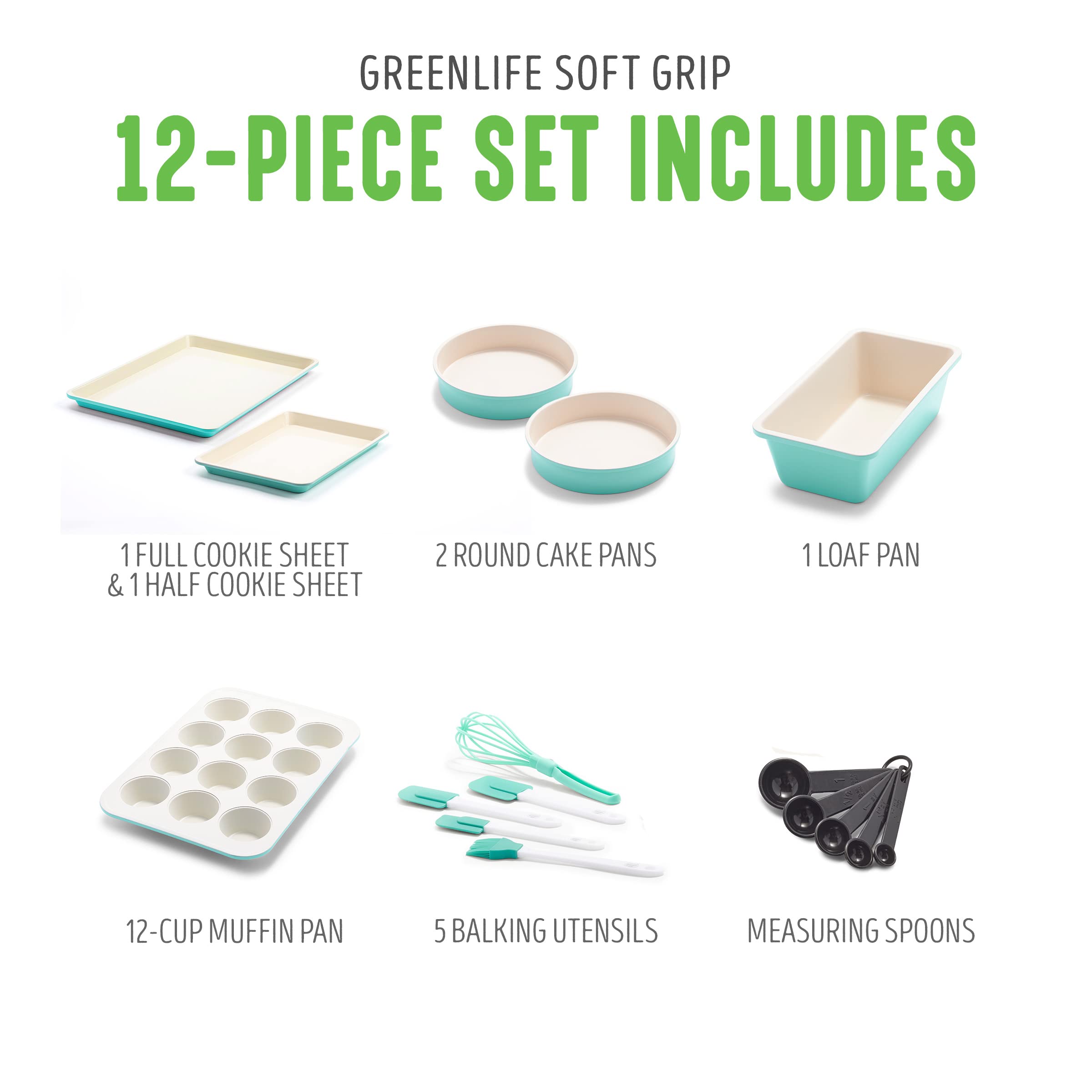 GreenLife Healthy Ceramic Nonstick 12-Piece Bakeware Set - Cookie Sheets, Muffin Pans, Cake & Loaf Pans with Utensils | PFAS-Free, Turquoise | Perfect for Baking Cookies, Cakes & Breads at Home