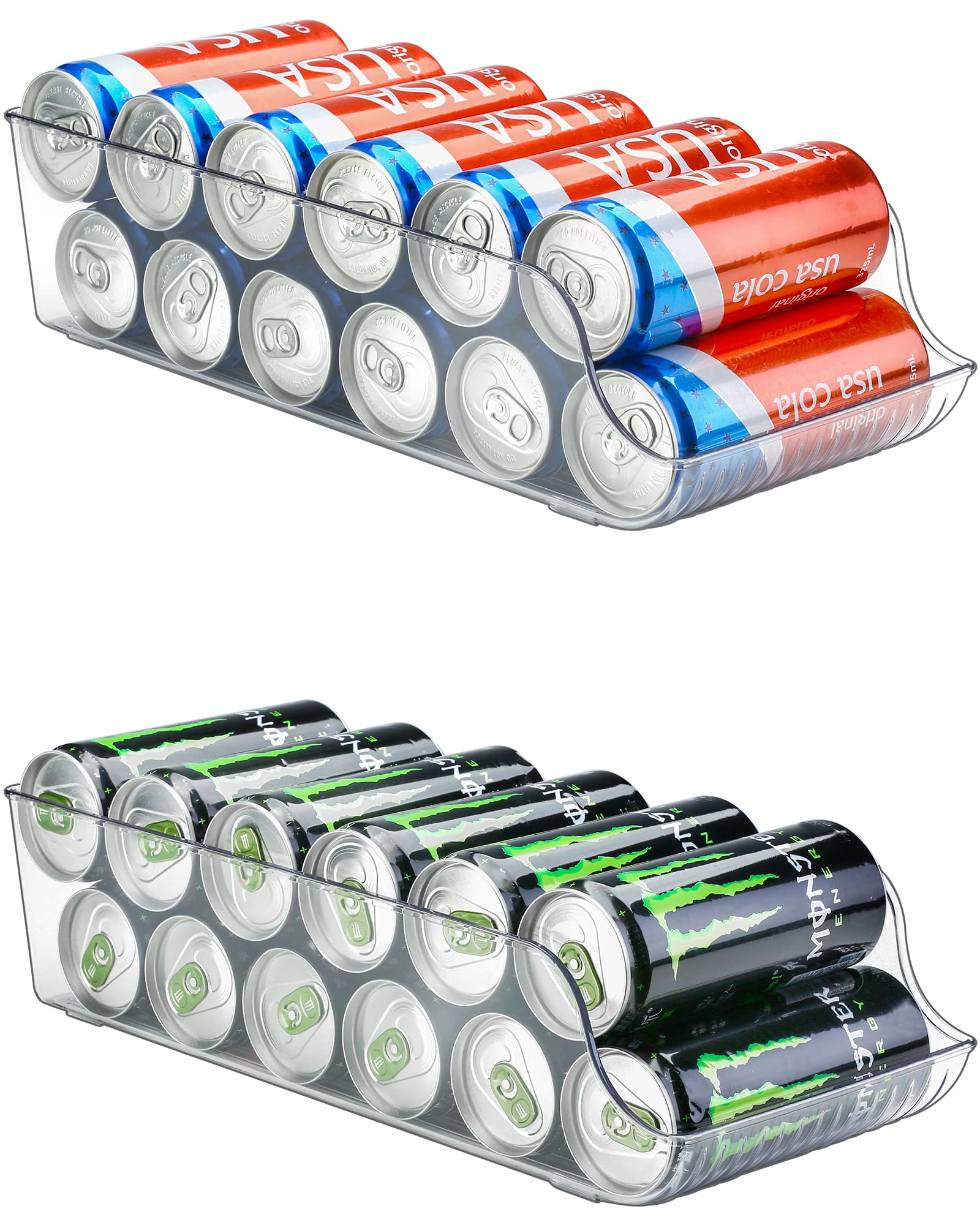 Puricon 2-Pack Clear Plastic Refrigerator Organizer Bins - Slim Can Dispenser Storage for Soda, Beverage & Canned Food - Fridge, Pantry, Kitchen Countertop & Cabinet Organization (Fits Skinny Cans)