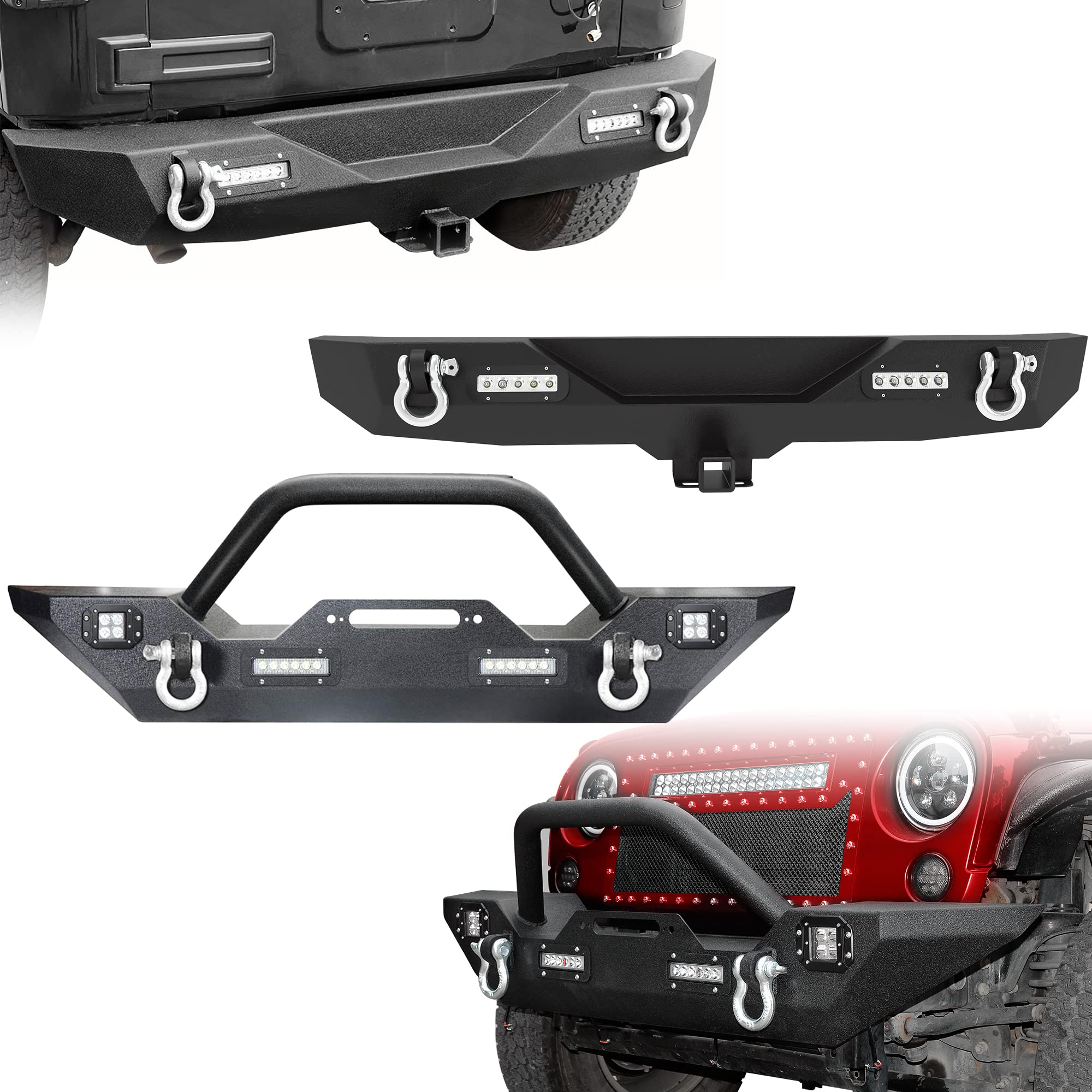 LEDKINGDOMUS Black Front & Rear Bumper with 4X LED Lights for 2007-2018 Jeep Wrangler JK & Unlimited - Winch Plate, D-Rings, 2