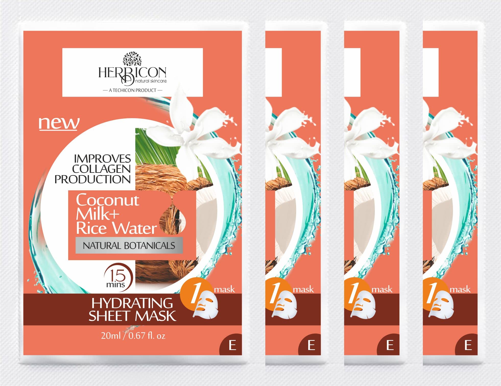 Herbicon Rice Water & Coconut Milk Face Sheet Mask - Deep Hydration Facial Treatment for Dry Skin - 20g (4 Pack) | Korean Skincare Routine, Spa Day at Home, Gift for Her