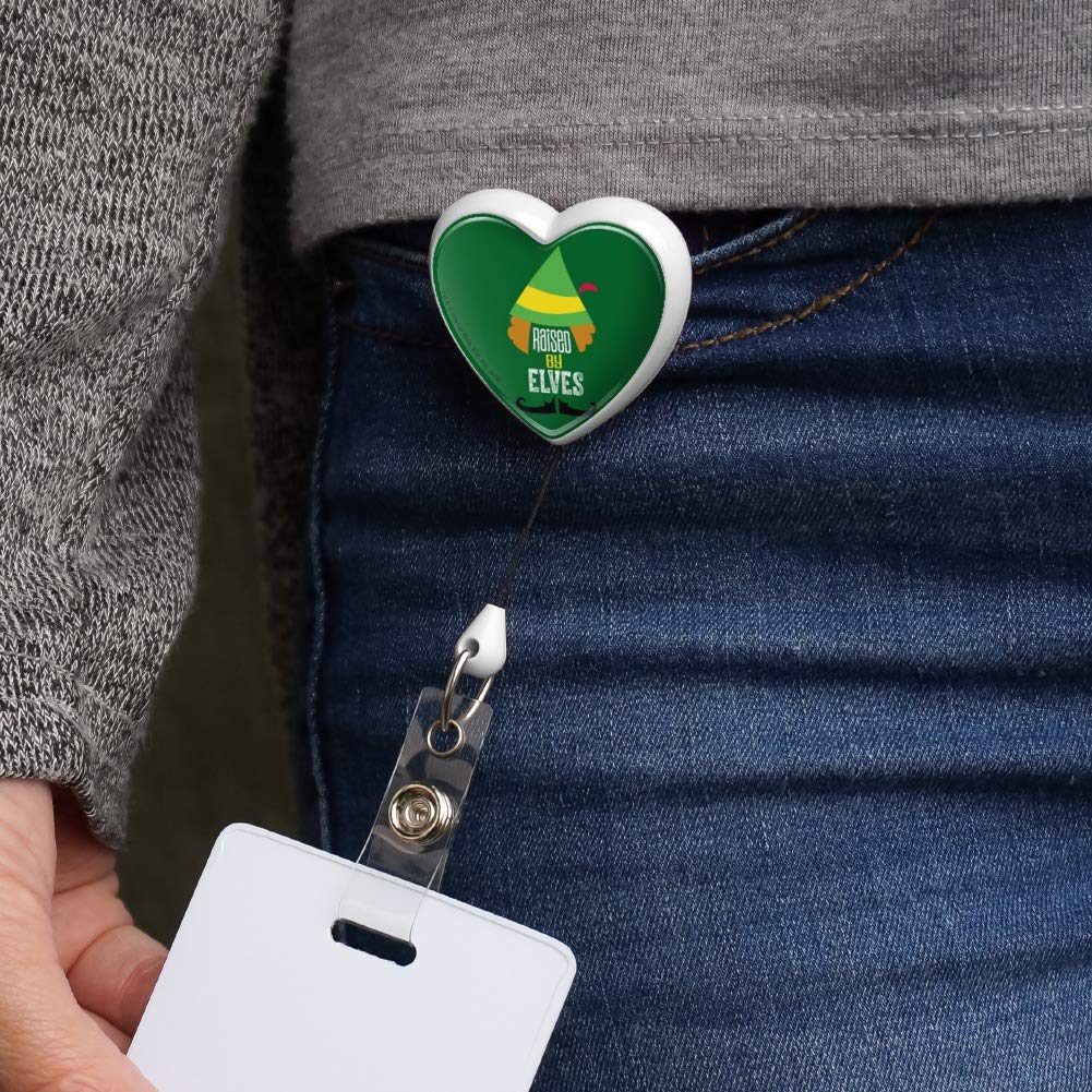 Elf Movie Inspired Raised by Elves Heart Lanyard - Retractable Badge Reel with ID Card Holder for Work, School & Events