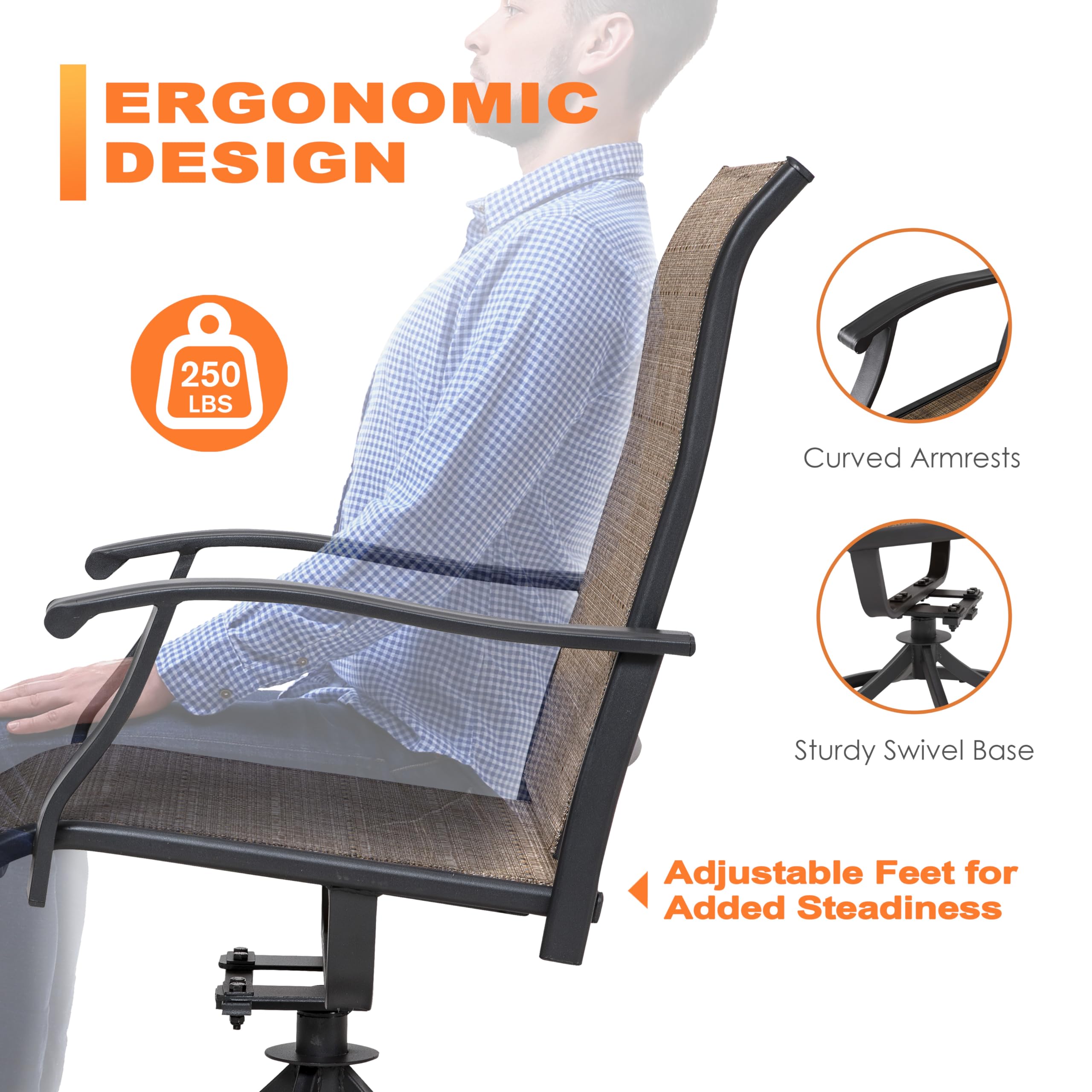 NUU GARDEN Patio Dining Chairs Set of 4 & Swivel Sling Chairs Set of 2 - All-Weather Textilene Outdoor Furniture with Iron Frame for Backyard, Lawn, Garden - Perfect for Poolside Lounging, Outdoor Dining and Patio Relaxation (Brown)