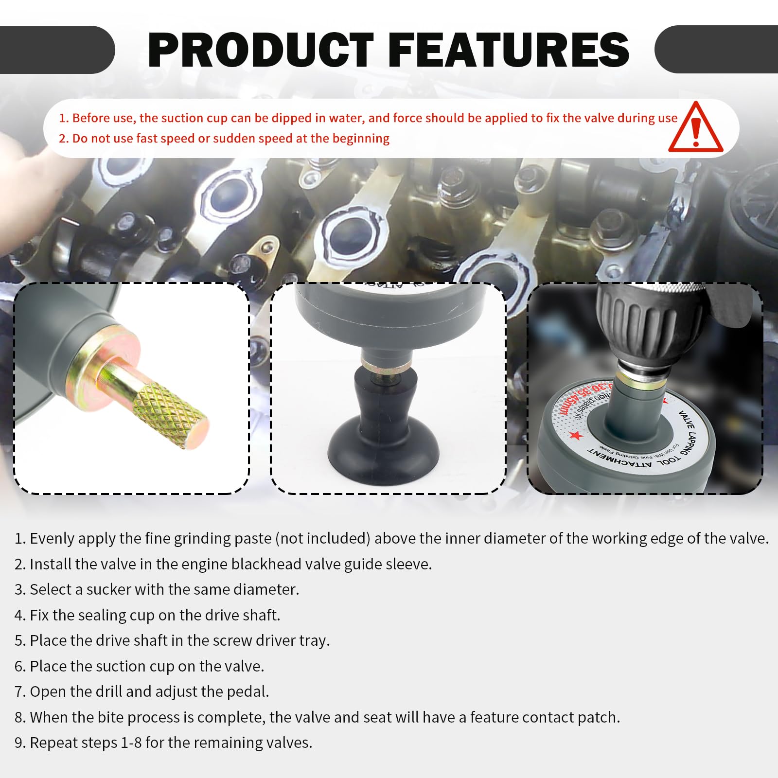 Premium Valve Lapping Tool Kit with 5 Suction Cup Adapters - 1000-1250 RPM Valve Grinding & Maintenance Tool for Automotive, Motorcycle & Small Engine Repair - Perfect for DIY Mechanics & Professional Use