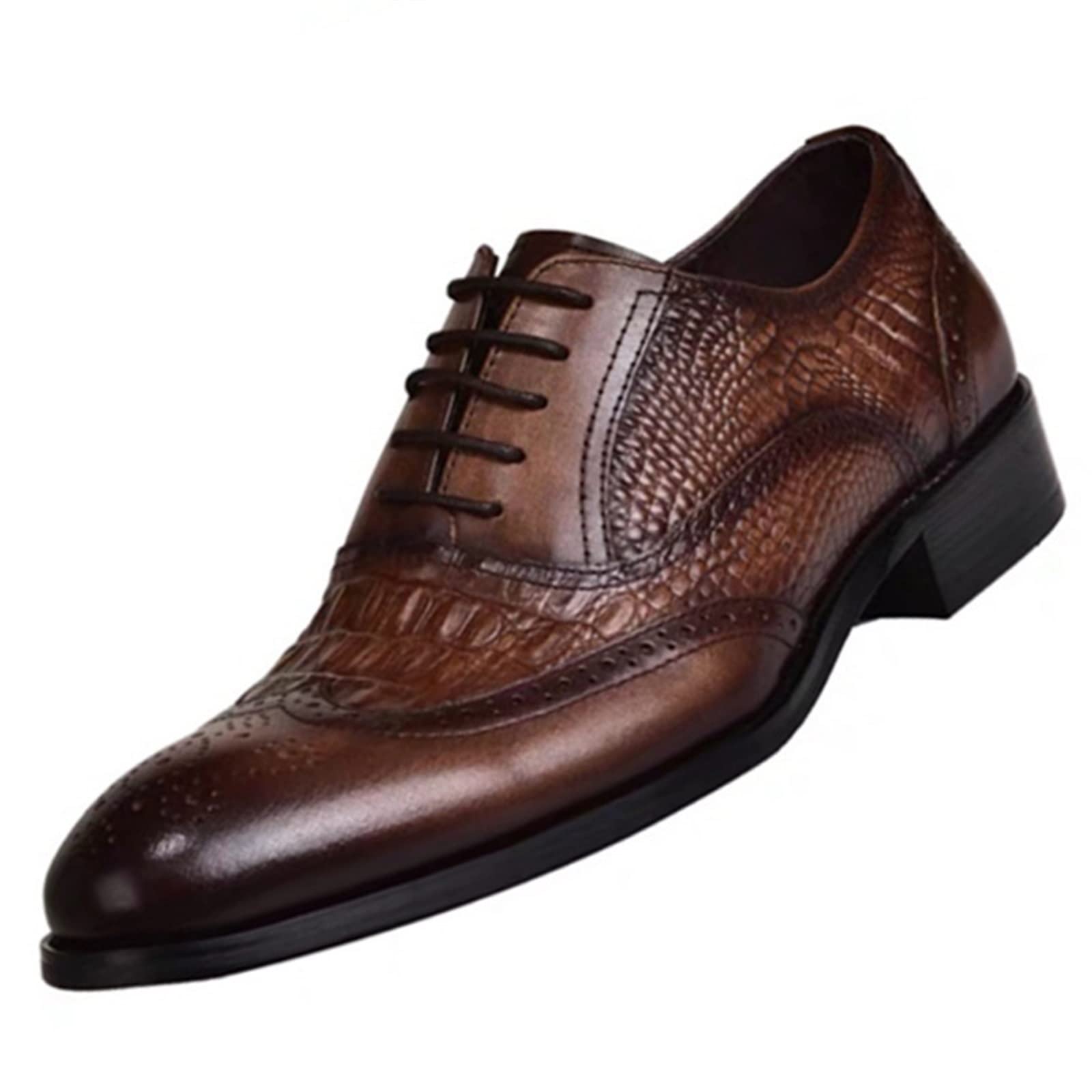 GULRUH Men's Oxford Dress Shoes - Retro Crocodile Leather Formal & Casual Shoes for Spring & Autumn (Brown, Size 7.5 UK) - Perfect for Office, Weddings & Business Events
