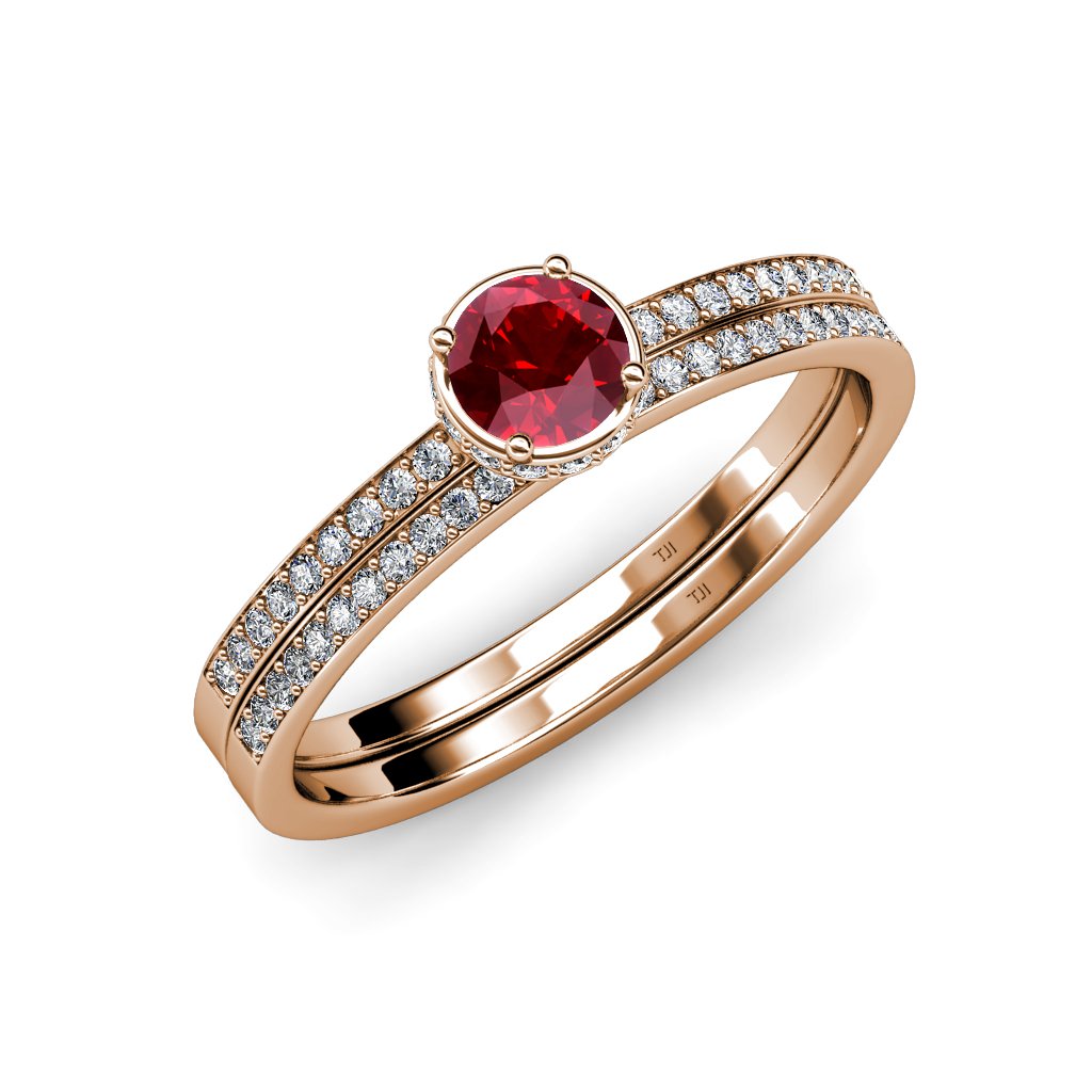 Exquisite 0.95ctw Ruby & Diamond Halo Engagement Ring Set with Matching Wedding Band in 14K Rose Gold - Perfect for Proposals, Anniversaries & Bridal Jewelry