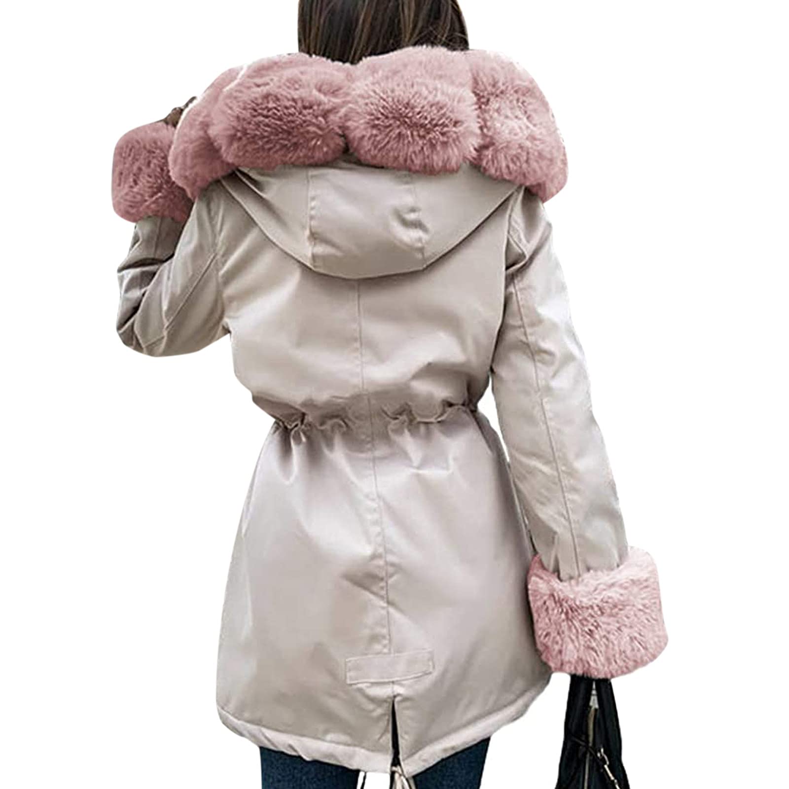 Women's Fashion Faux Fur Hooded Winter Coat - Fleece Lined Drawstring Padded Jacket with Zipper, Slim Fit Snow Suit for Cold Weather (Beige, XXXL) | Perfect for Winter Outdoor Activities, Snowboarding & Casual Wear