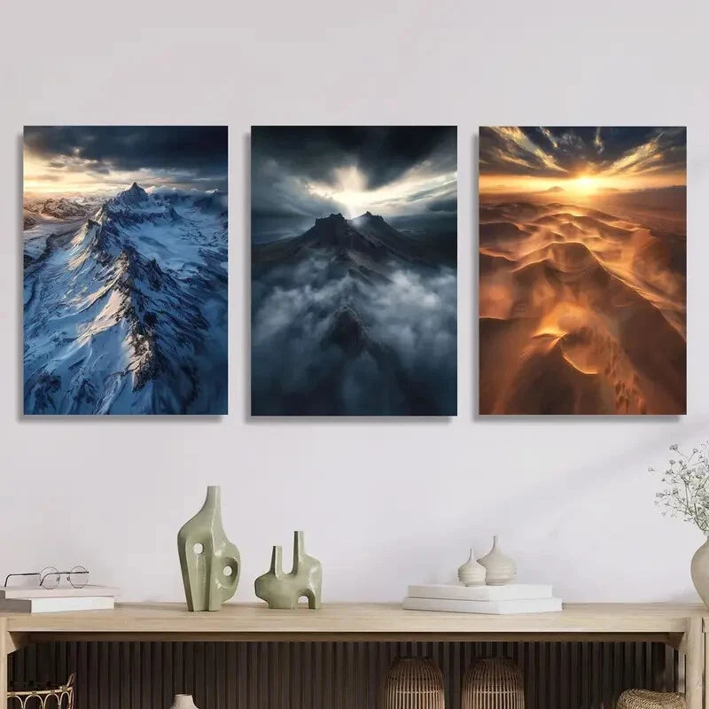 3-Piece Metal Print Wall Art - Stunning Mountains & Desert Sand Dunes Landscape - Ready to Hang Home Decor for Living Room, Bedroom, or Office