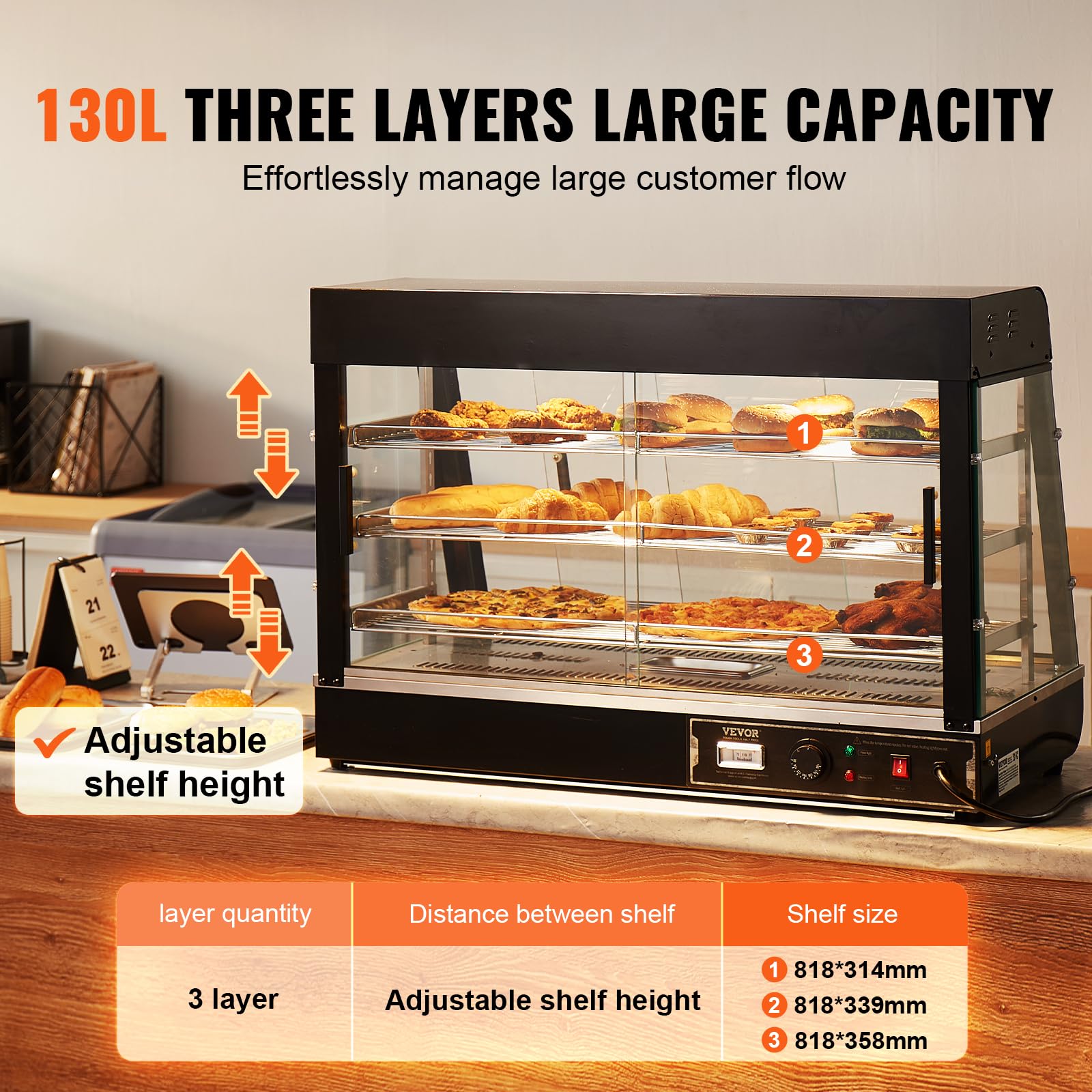 VEVOR 3-Tier Commercial Food Warmer Display - 1500W Stainless Steel Countertop Food Warmer with LED Light, Adjustable Shelves & Digital Temperature Control (86℉~185℉) - Perfect for Restaurants, Cafes & Buffets to Keep Pizza, Burgers, Fried Chicken & Bread Warm & Fresh