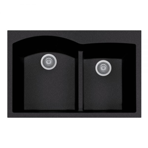 Hamat SIO 3322DATR BL Topmount Double Bowl Granite Composite Kitchen Sink in Black - Perfect for Modern Farmhouse & Contemporary Kitchen Designs