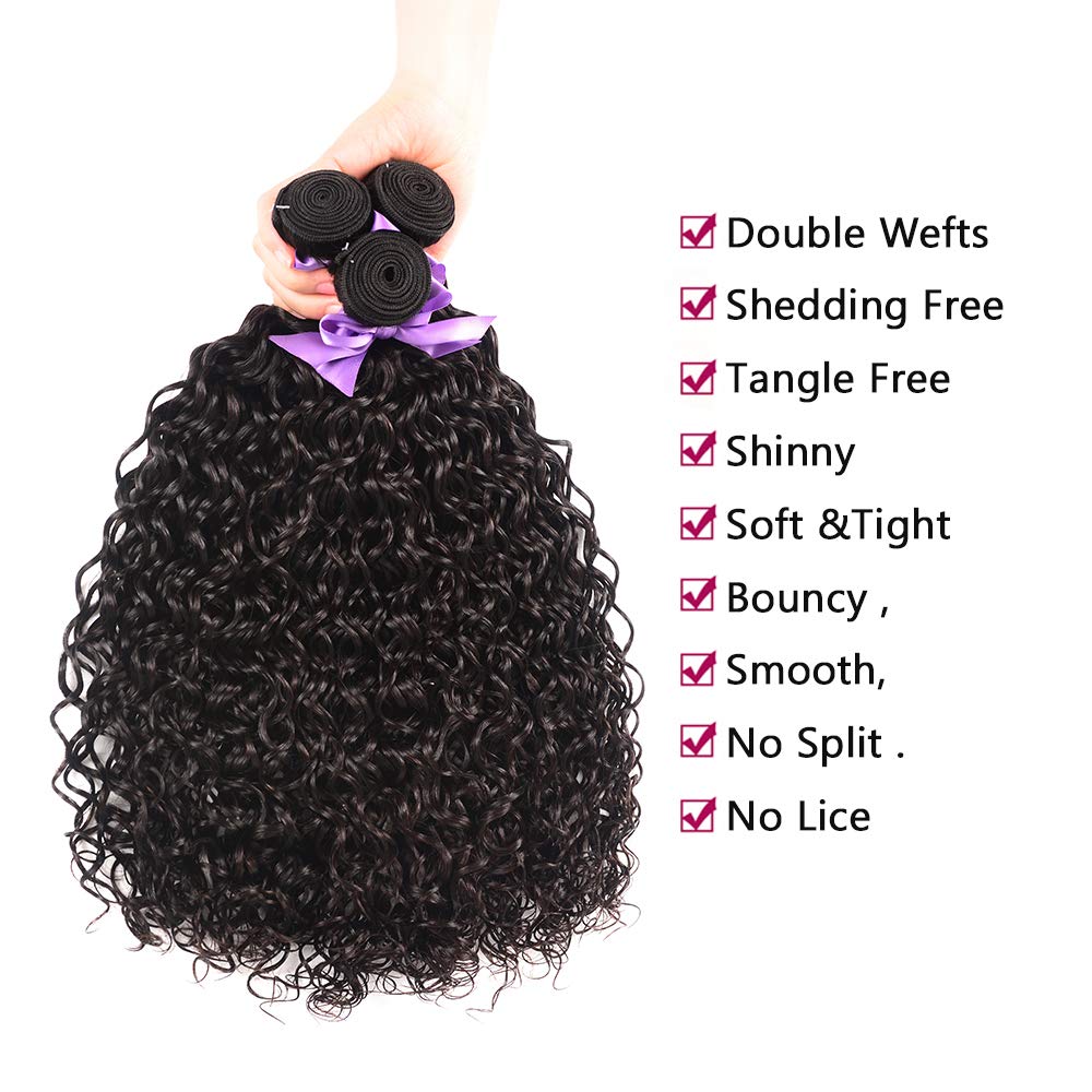 8A Brazilian Virgin Human Hair Ocean Wave Bundles with Lace Closure - 3 Unprocessed Curly Bundles (28