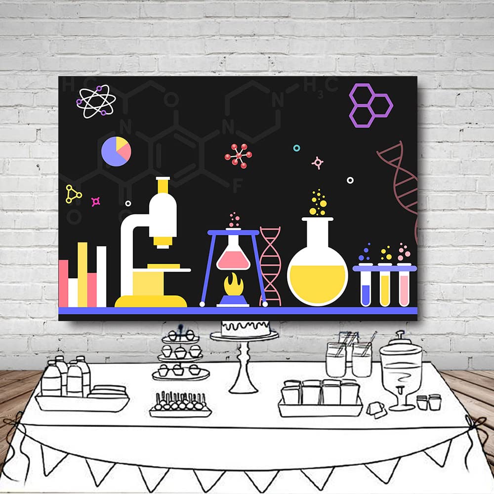 MEHOFOND 8x6ft Mad Science Party Backdrop - Black Scientist Theme Photography Background for Birthday Decorations, School Events & Photo Studio (Great for Science Themed Parties, Classroom Decor & Creative Photography)