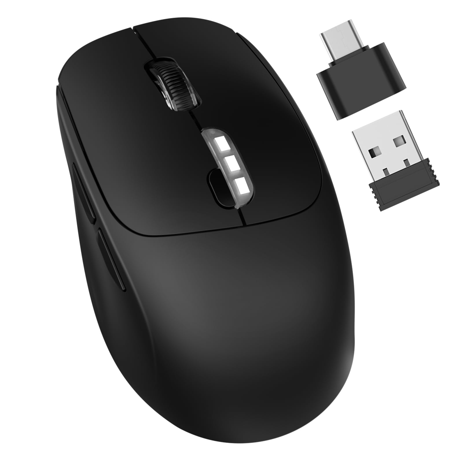 ZXA 2.4G Wireless Mouse for Laptop - Ergonomic Rechargeable Computer Mouse with USB Receiver & USB-C Adapter for PC, Tablet, Chromebook (Black) - Perfect for Office Work, Home Use & Travel