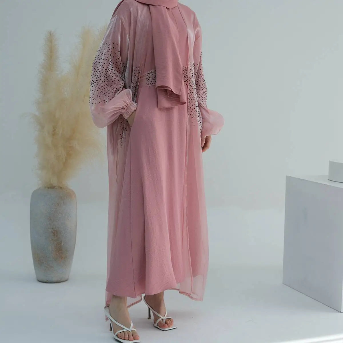 2 Piece Set Bright Wrinkle Puff Sleeve Open Abaya Dress - Elegant Muslim Women's Prayer Dress for Mosque, Eid & Special Occasions