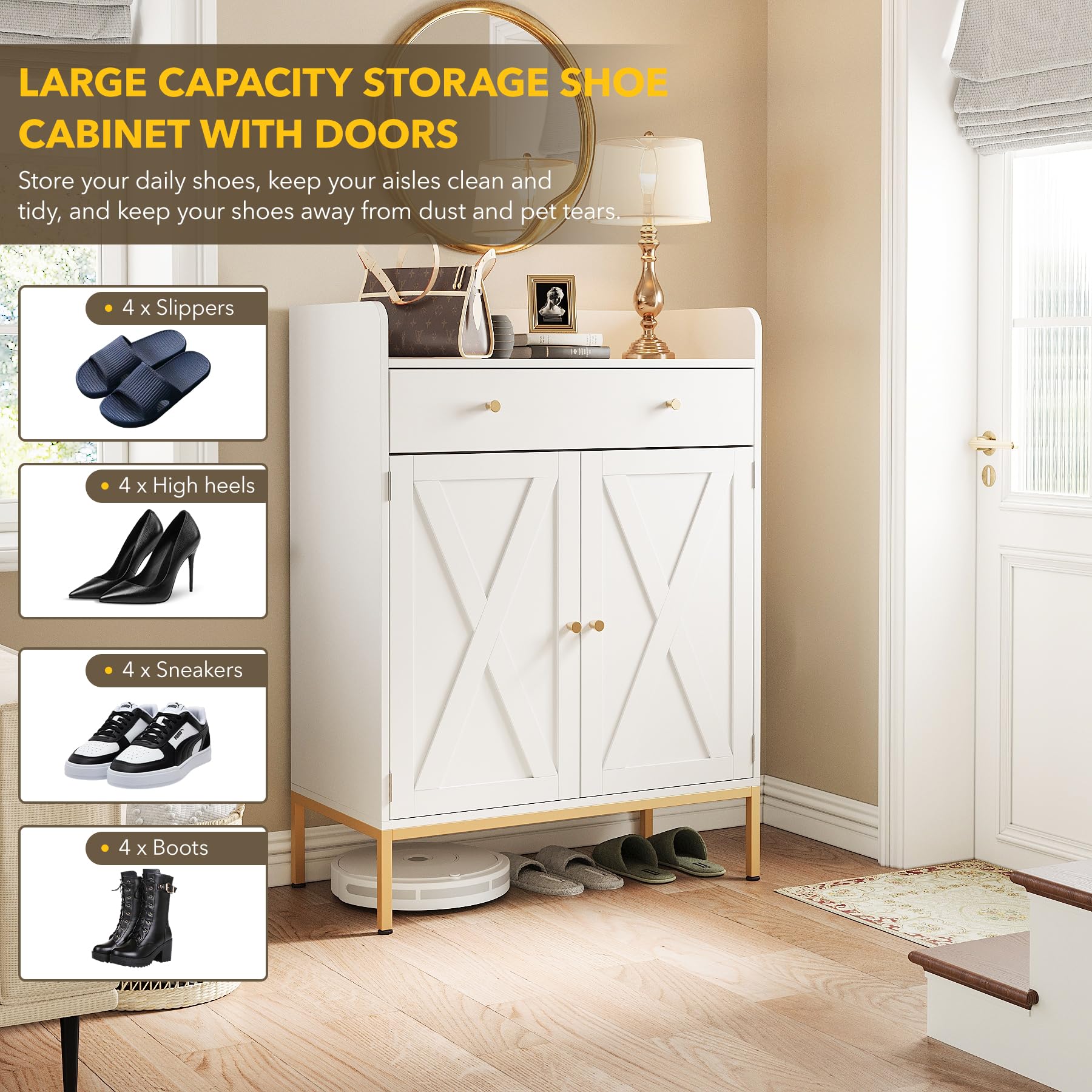 Maupvit 20-Pair Shoe Storage Cabinet with Doors & Drawers - Adjustable Shelves, Metal Legs, 43