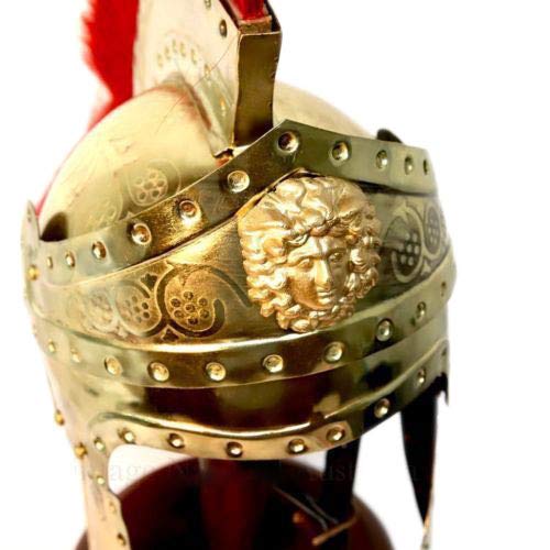 Roman Centurion Helmet - Medieval Knight Armor Costume with Red Plume & Gold Finish | Halloween Cosplay, Historical Reenactment, Theater Costume, Collectible Display