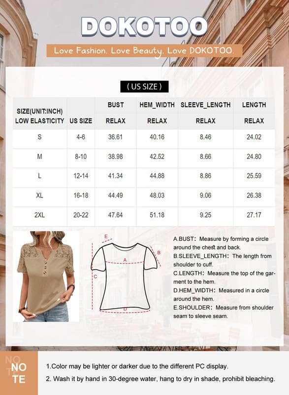 Dokotoo Women's V Neck Waffle Knit Tops Casual Short Sleeve Blouse Button Up Lace Splicing Summer Shirt - Perfect for Beach Outings, Date Nights & Office Wear