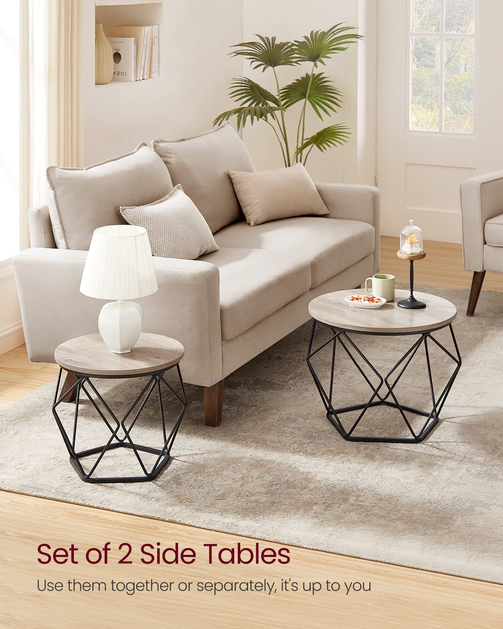 VASAGLE 2-Piece Round Coffee Table Set with Sturdy Steel Frame - Modern Side End Table for Living Room, Bedroom & Office - Greige & Ink Black - Perfect for Small Spaces, Home Decor & Coffee Time