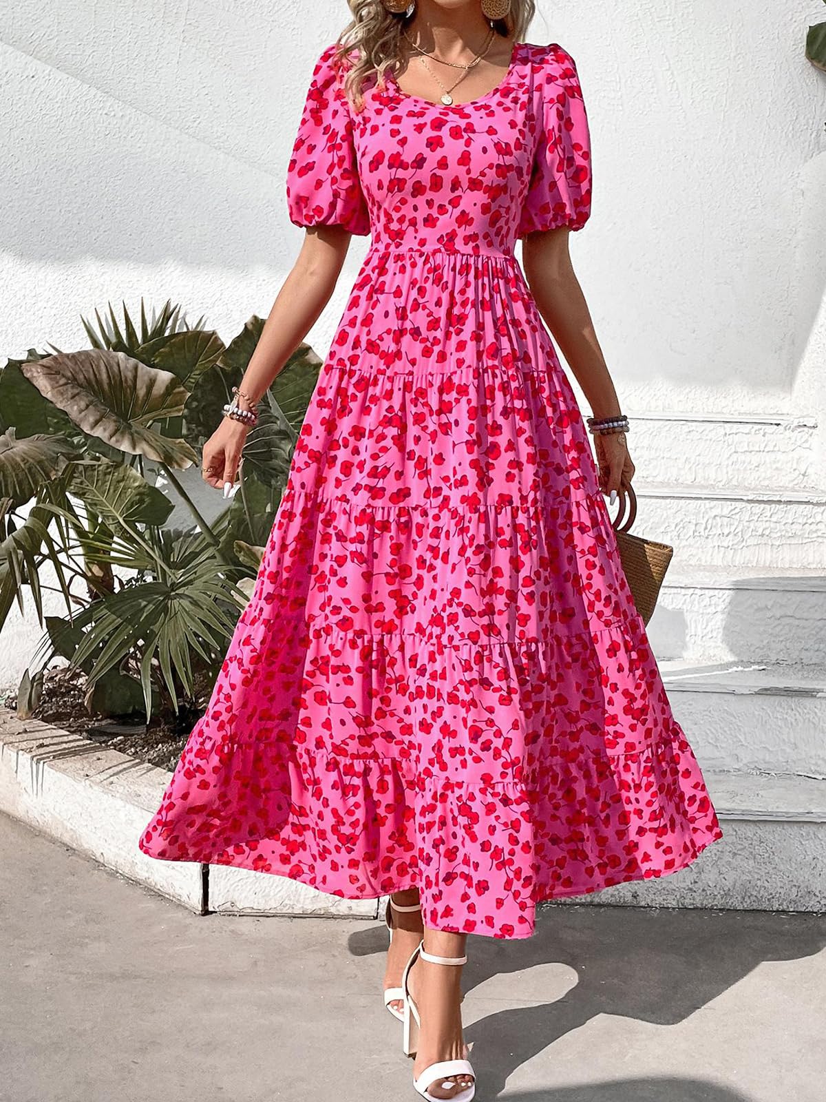 PRETTYGARDEN Women's Floral Summer Dress 2025 - Puff Sleeve, Smocked Backless, Flowy Tiered Maxi Dress for Beach, Vacation & Casual Wear | Boho Chic Style