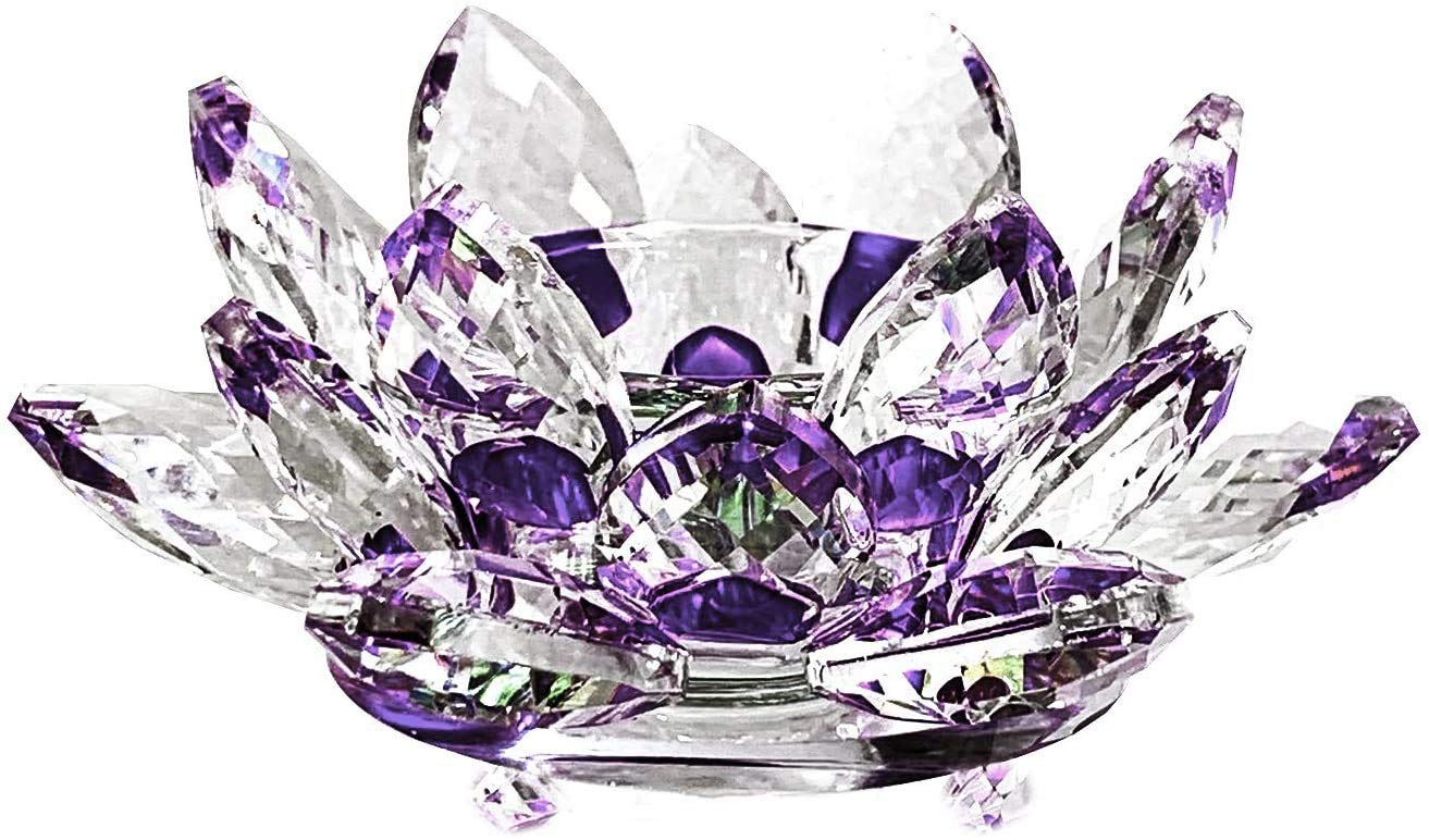 Elegant Purple Crystal Tea Light Candle Holders - Lotus Shaped Decorative Candle Stand for Wedding, Party, Votive & Home Decor - Perfect for Altar, Windowsill & Special Occasions