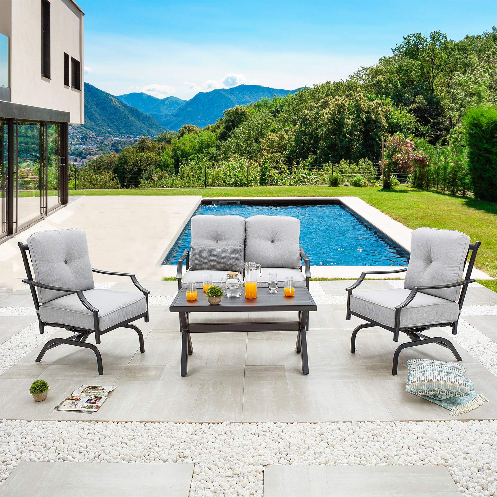 Festival Depot 4-Piece Outdoor Patio Conversation Set - Grey Fabric Armchairs, Loveseat & Coffee Table with Thick Cushions - Metal Frame Garden Furniture for Backyard, Poolside & Bistro Seating