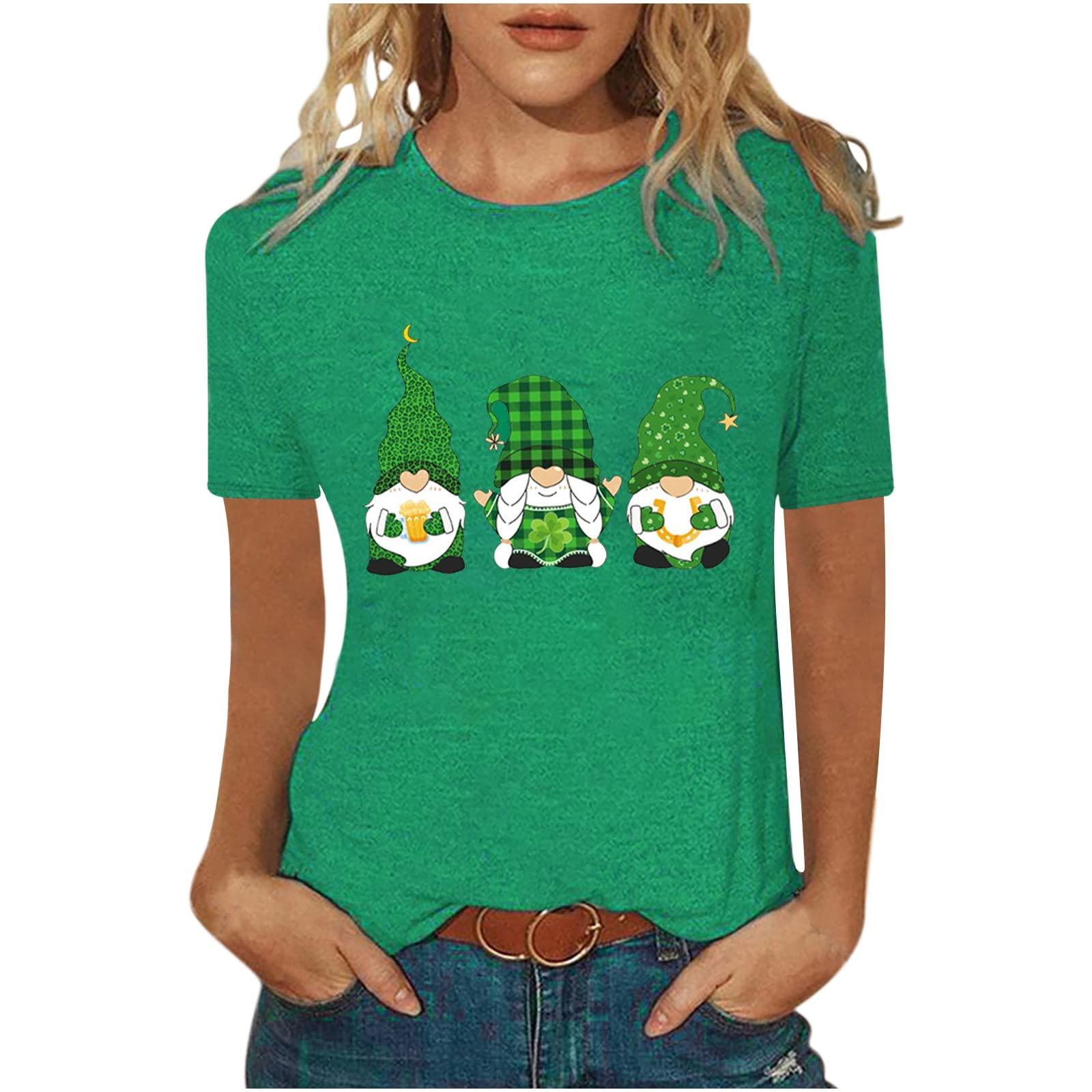 St. Patrick's Day Women's T-Shirt - Cute Gnome Graphic Printed Short Sleeve Top for Mom | Fun Holiday Outfit & Irish-Themed Gift