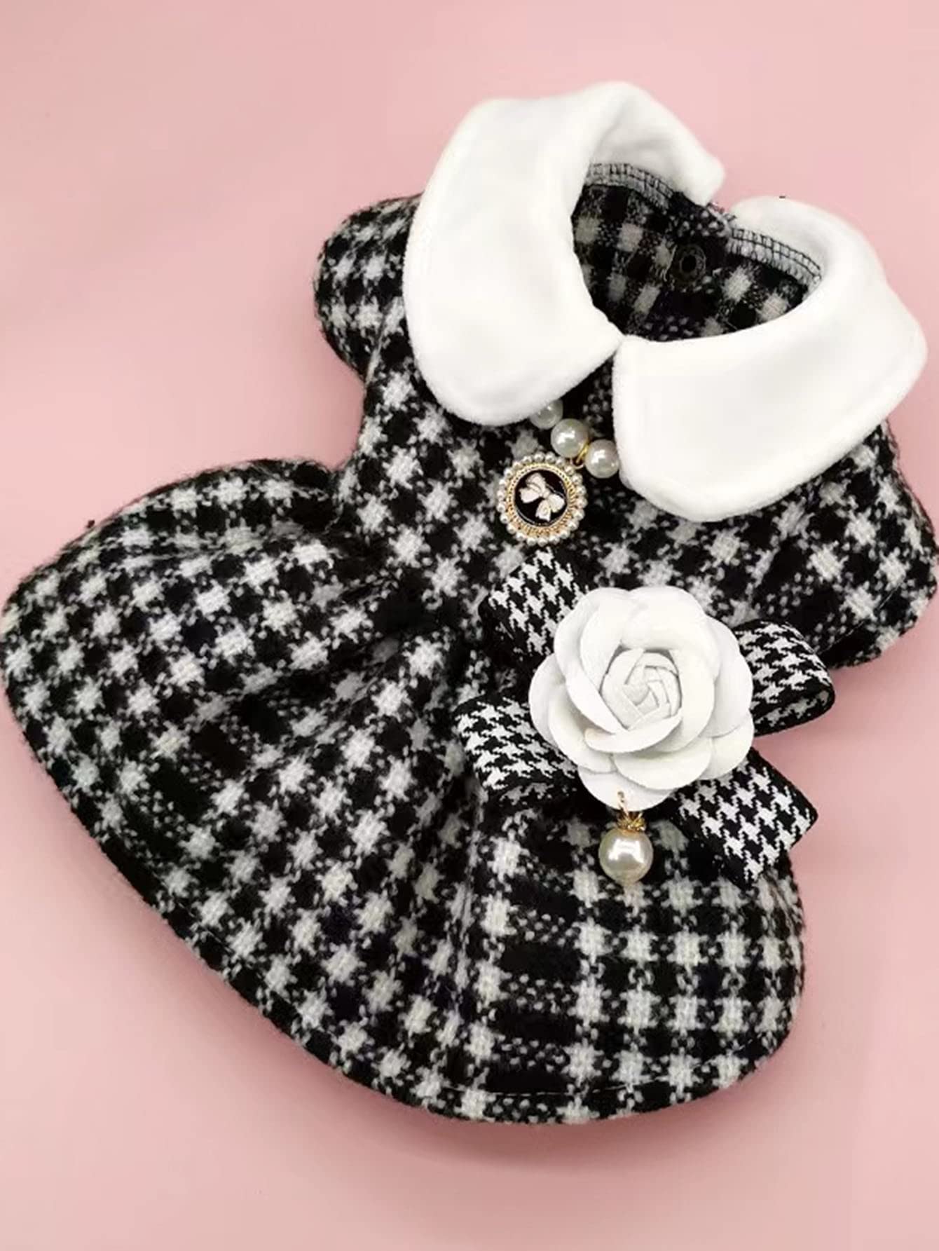 QWINEE 3-Piece Dog Dress Set - Geometric Princess Dress with Flower Bow & Pearl Necklace for Small Medium Dogs - Perfect for Birthday Parties, Photo Shoots & Special Occasions