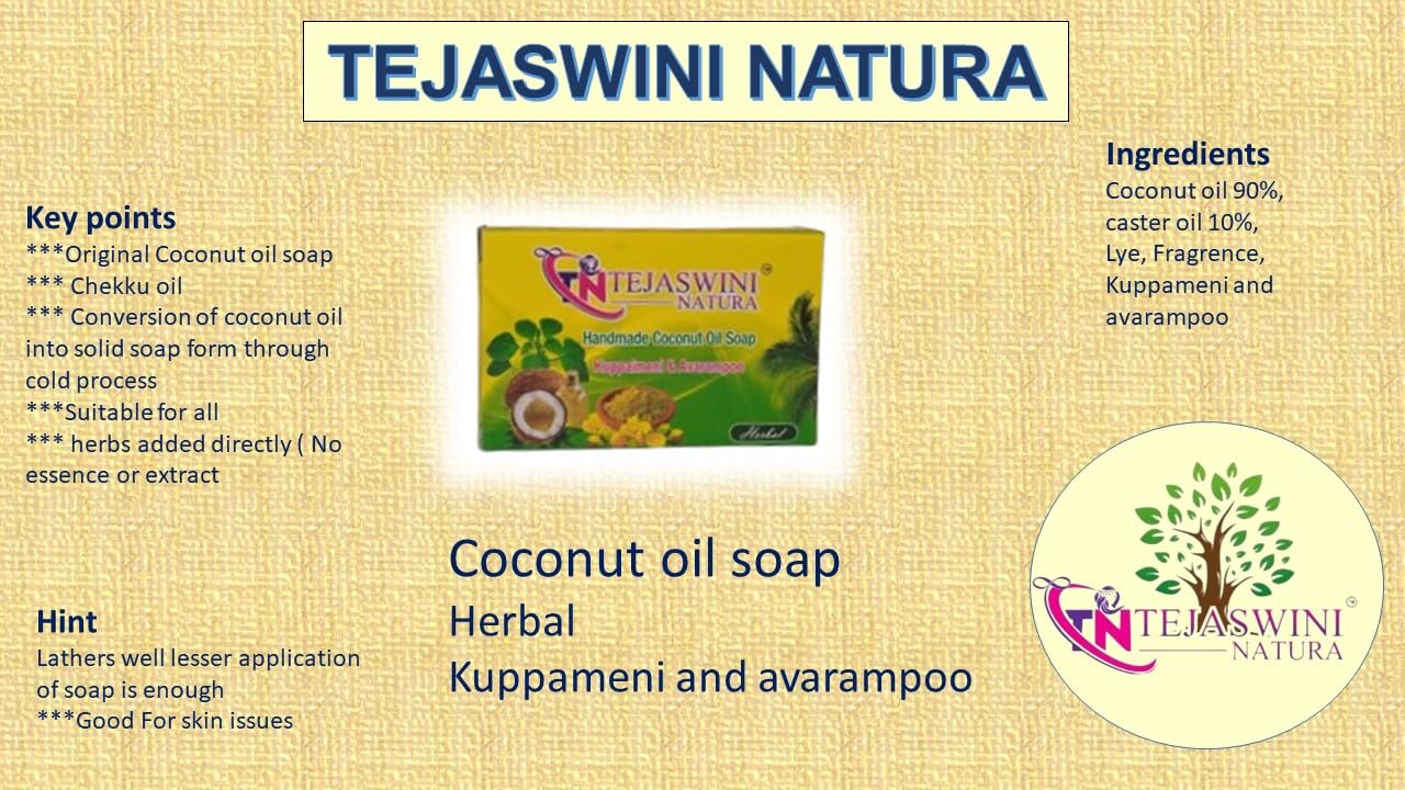**Handmade Coconut Oil Soap with Kuppaimeni & Avarampoo - Natural & Organic (3 x 75g) - Gentle Cleansing for Sensitive Skin, Eco-Friendly Bath & Body Care**