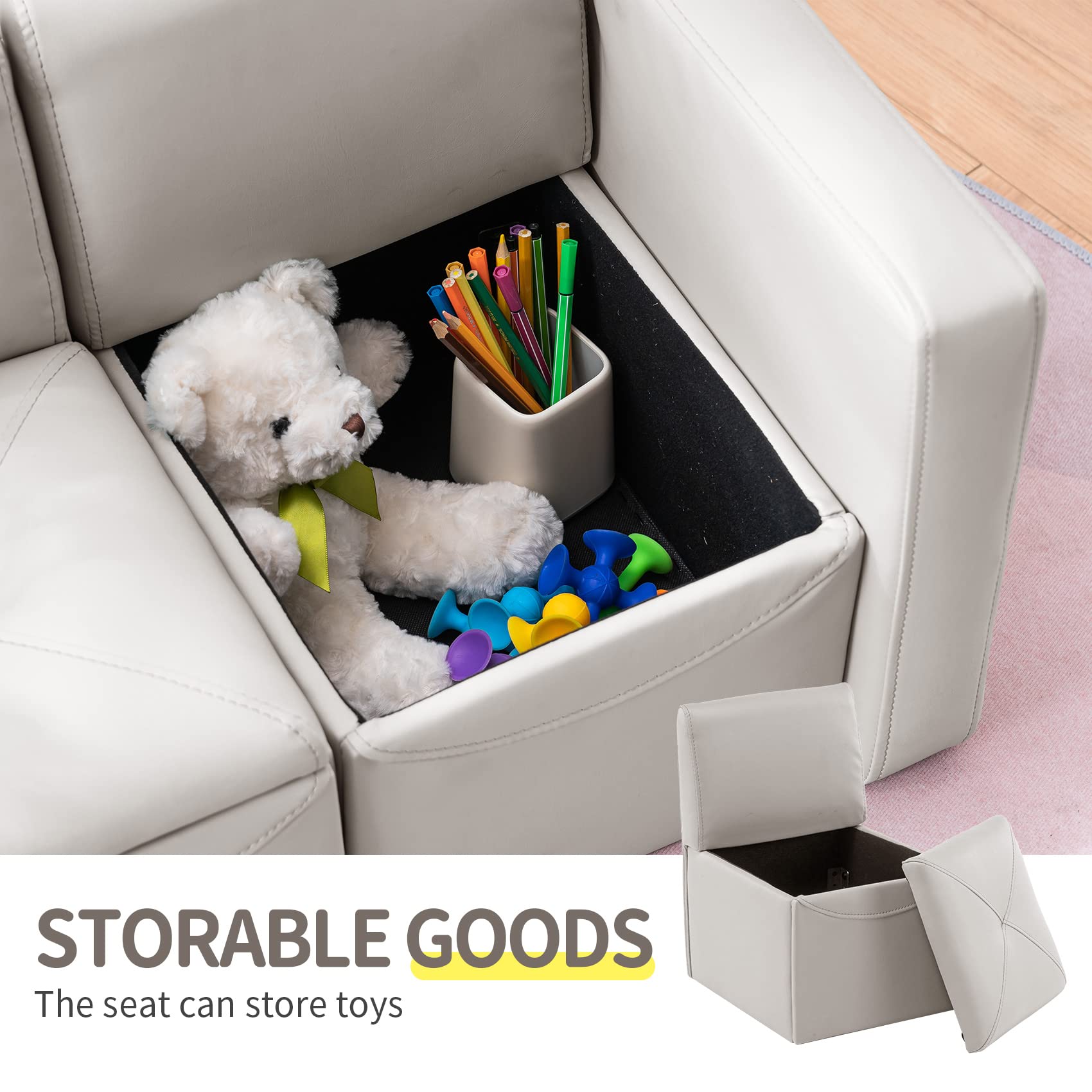 UNICOO Kids Sofa 2-in-1 Convertible Set - Gray Convertible Sofa to Table & 2 Chairs with Storage Box, Toddler Furniture for Boys & Girls - Perfect for Playroom, Bedroom or Nursery (ZKL-111K-Grey)