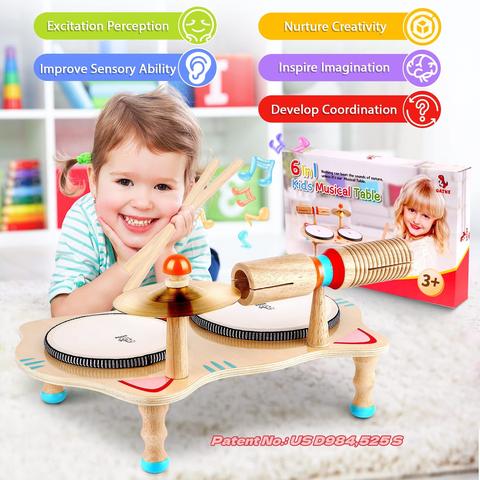 Oathx Kids Drum Set - All-in-One Montessori Musical Instruments for Toddlers, Natural Wooden Sensory Toys for Babies - Perfect Birthday Gift for Girls & Boys | Ideal for Early Learning, Playtime & Music Exploration