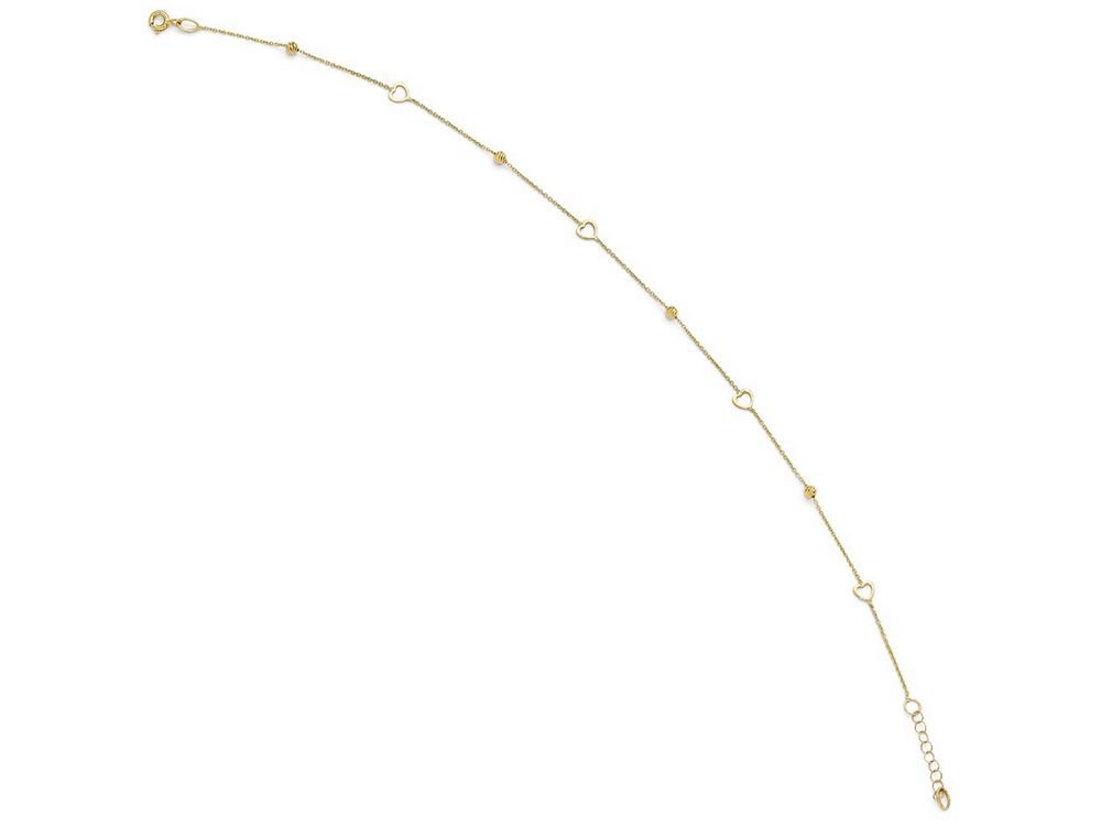 14K Yellow Gold Heart Anklet - Polished & Bright Cut Design with 1-Inch Extender - Elegant Ankle Bracelet for Women, Perfect for Valentine's Day, Anniversary or Everyday Wear