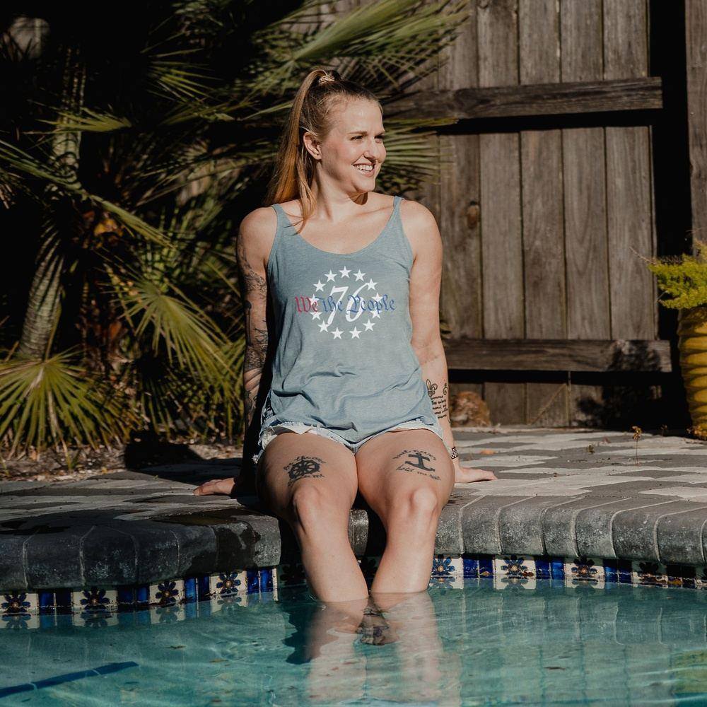 Women's 76 We The People Flowy Tank Top - Stonewash Denim Casual Tee for Summer Outfits, Beach Wear & Layering