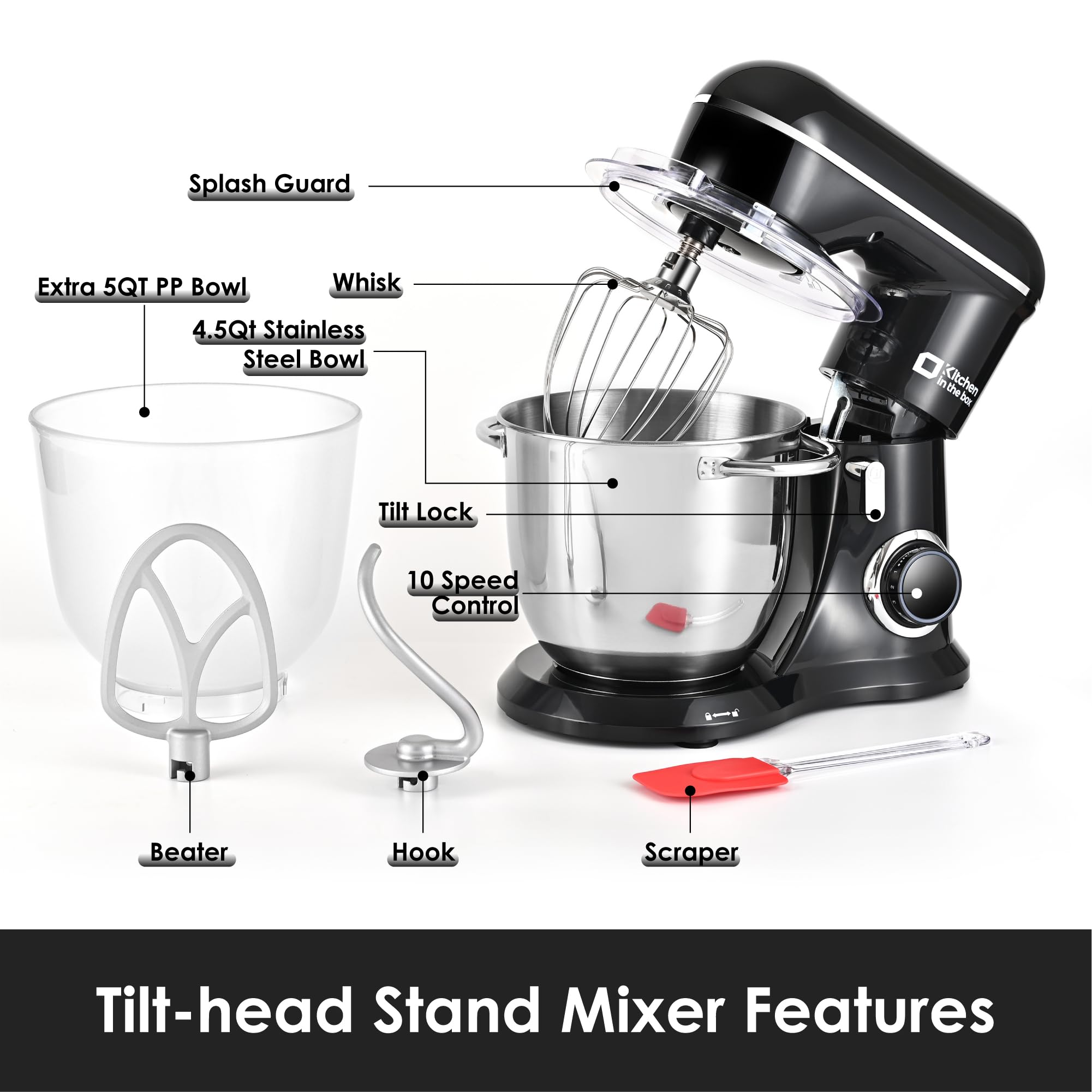 4.5QT+5QT Stand Mixer with 10 Speeds - Electric Food Mixer with Egg Whisk, Dough Hook & Flat Beater - Kitchen Mixer for Baking, Cooking & Daily Use (Black) - Perfect for Home Bakers & Cooking Enthusiasts