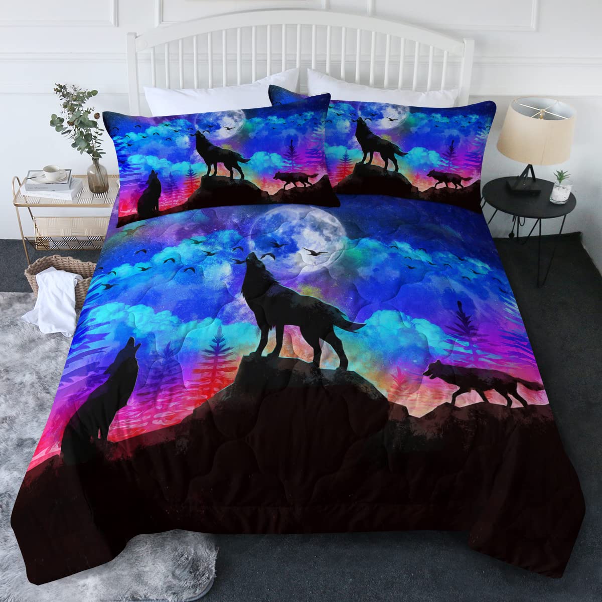 **BlessLiving Wolf Comforter Set - Twin/Twin XL Moon & Galaxy Wolf Bedding Set for Kids (Blue, 3-Piece) - Includes Quilt & 2 Pillow Shams - Perfect for Boys & Girls Bedroom Decor**    *(Use Case: Ideal for kids' room themes, wolf lovers, galaxy-inspired decor, and cozy bedtime comfort.)*