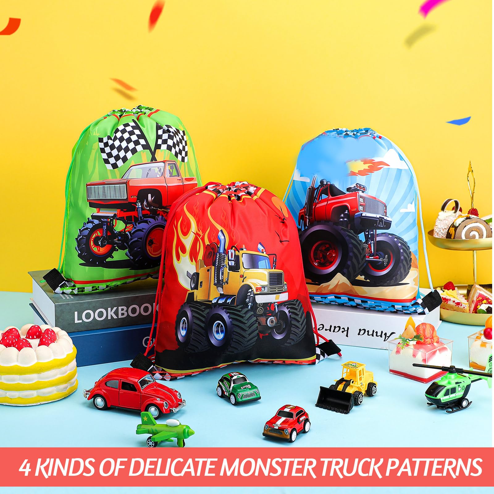 Tondiamo 16-Pack Racing Truck Drawstring Gift Bags - Kids Birthday Party Decorations, Candy Treat Bags for Themed Parties, Baby Showers & School Events