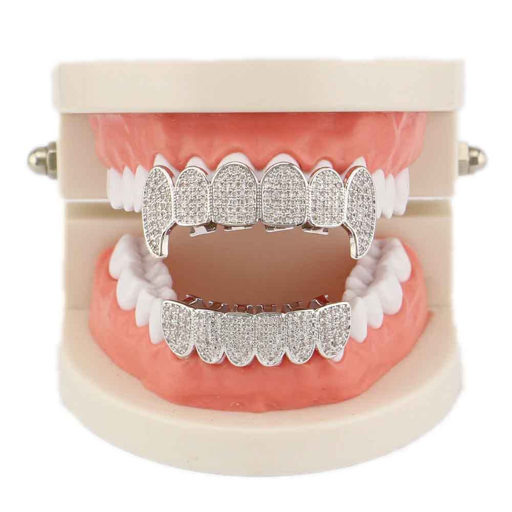 Gold Plated Shiny Diamond Vampire Fangs Grillz Set - Iced Out Top & Bottom Hip Hop Teeth Grills for Men & Women | Perfect for Halloween, Cosplay, and Hip Hop Fashion