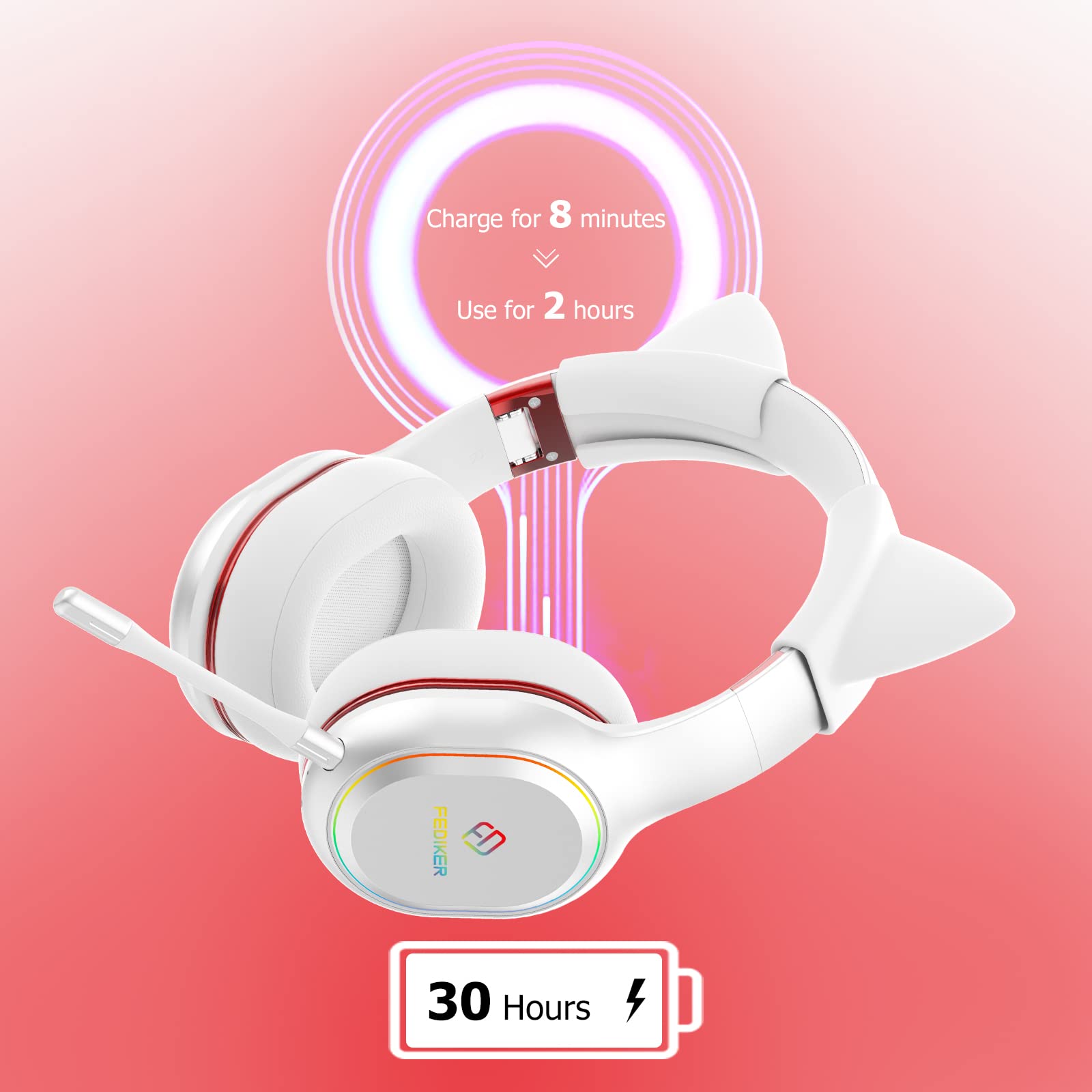 Wireless Gaming Headset with Detachable Mic for PS5, PS4, PC - Low Latency Bluetooth, USB Dongle, RGB Lights, Mute Function & Immersive 4D Sound | Cute White Cat Ear Headphones for Girls - Perfect for Gaming, Streaming, Online Classes & Virtual Meetings