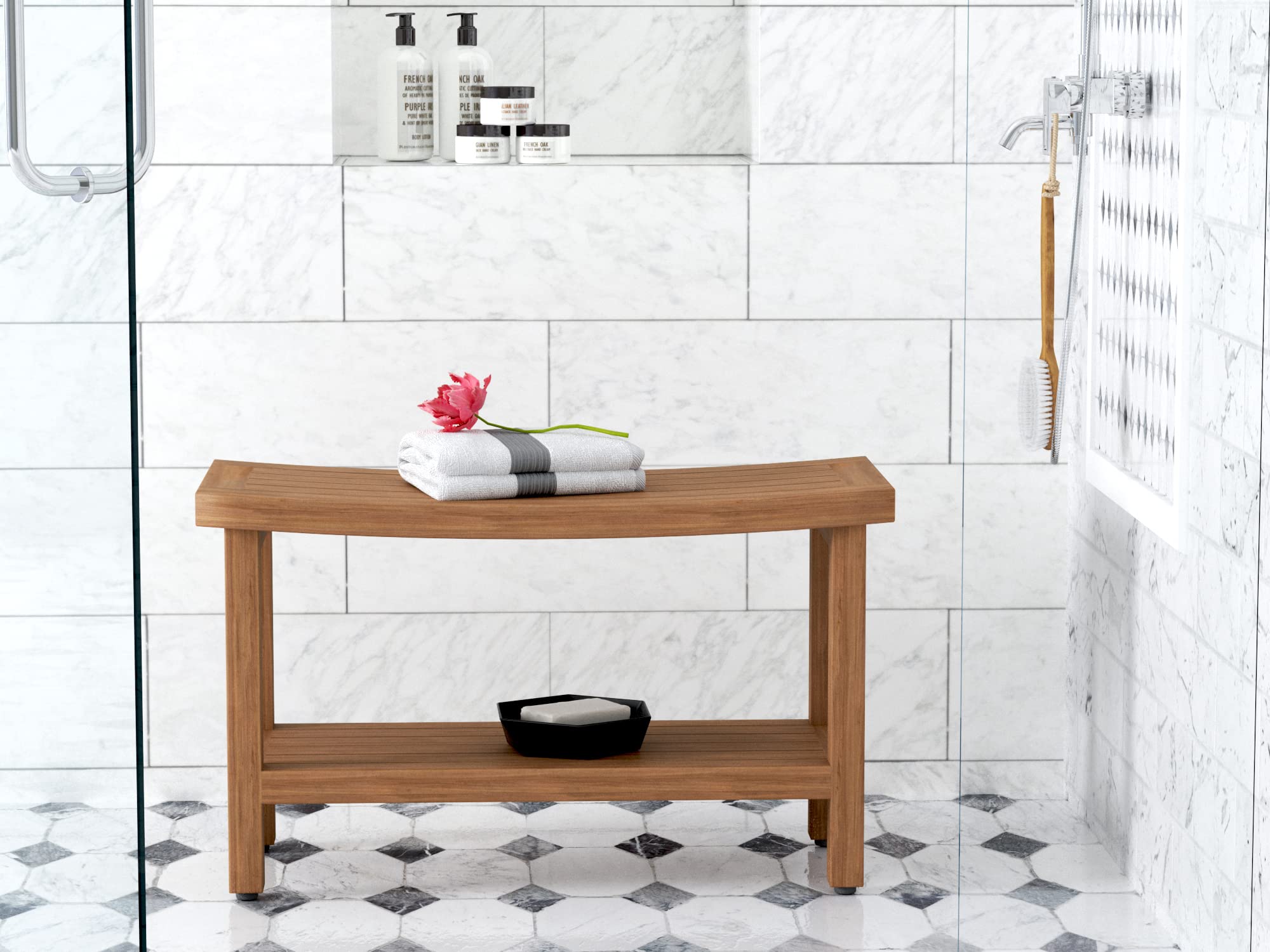AquaTeak Patented 30 Inch Sumba Teak Shower Bench with Shelf - Waterproof Bath Seat for Spa, Sauna & Bathroom - Perfect for Elderly & Disabled Accessibility