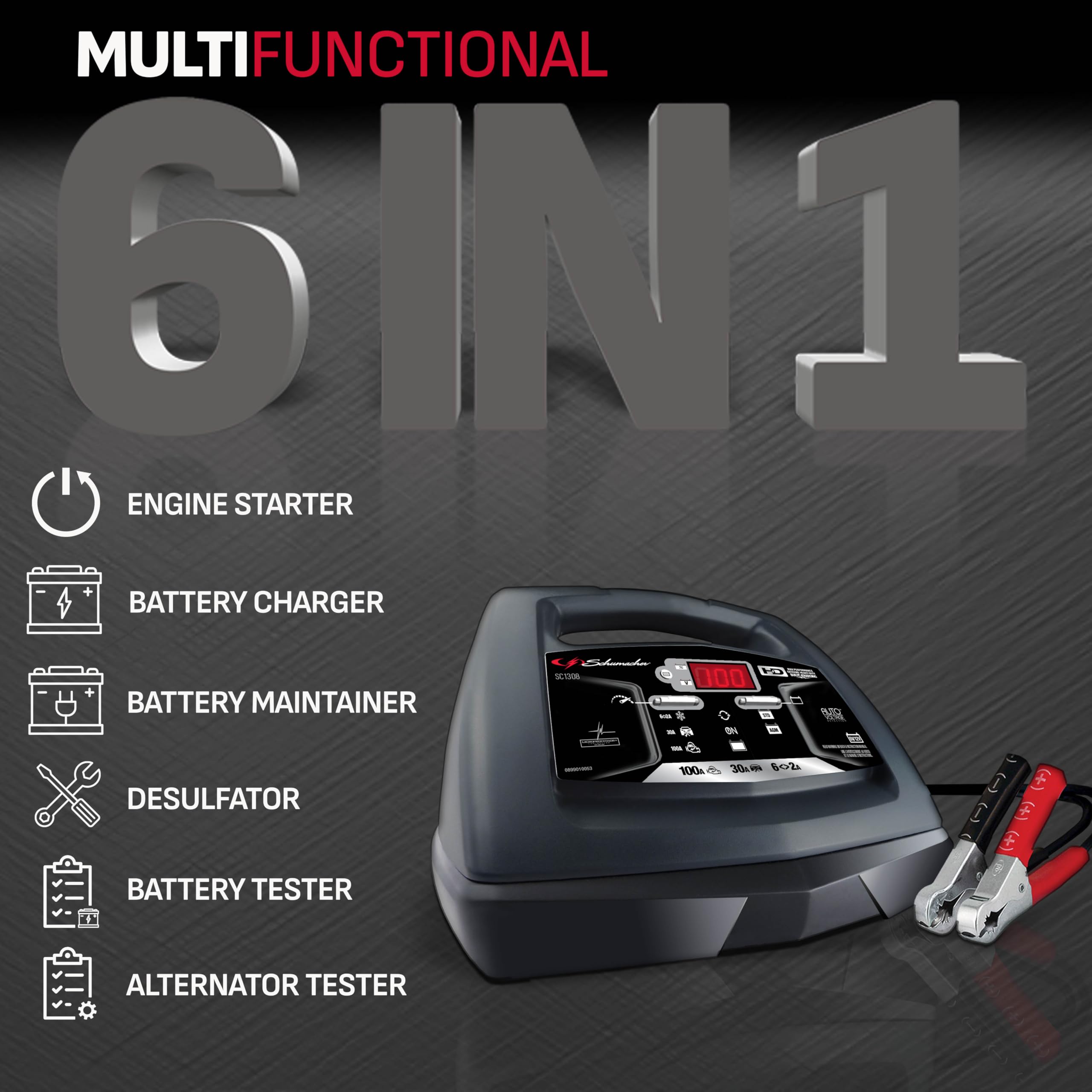 Schumacher SC1308 6-in-1 Fully Automatic Battery Charger & Engine Starter - 100 Cranking Amps for 6V/12V Car, Truck, SUV & Marine Batteries - Perfect for Emergency Jump Starts, Winter Maintenance & Marine Power Solutions