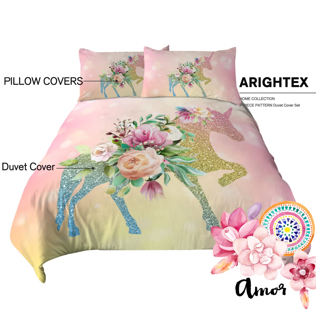 Unicorn King Bedding Set - Pink Green Glitter Duvet Cover for Girls' Room Decor
