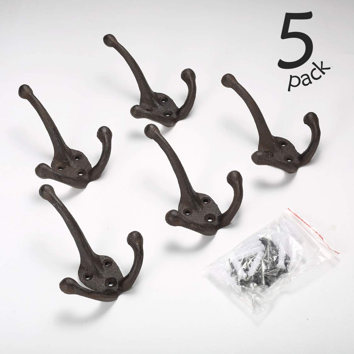 5-Pack Heavy Duty Cast Iron Wall Hooks - Antique Black Decorative Coat Hooks for Mudroom, Entryway & Closet Organization - Perfect for Hanging Coats, Hats, Bags & Accessories