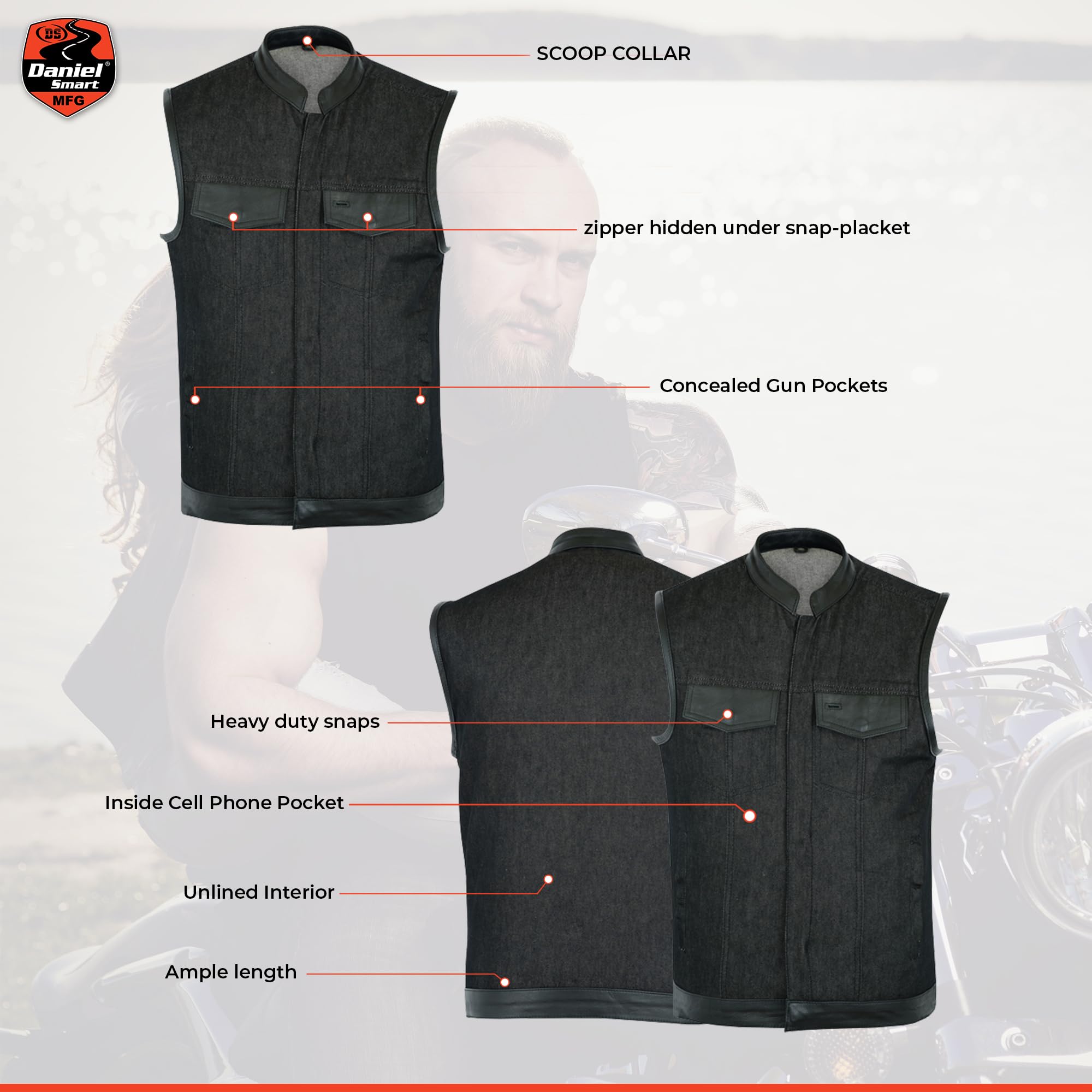 Daniel Smart Biker Vest for Men - Black Denim Motorcycle Vest with Leather Trim & Hidden Weapon Pocket | Perfect for Riding, Outdoor Adventures & Concealed Carry